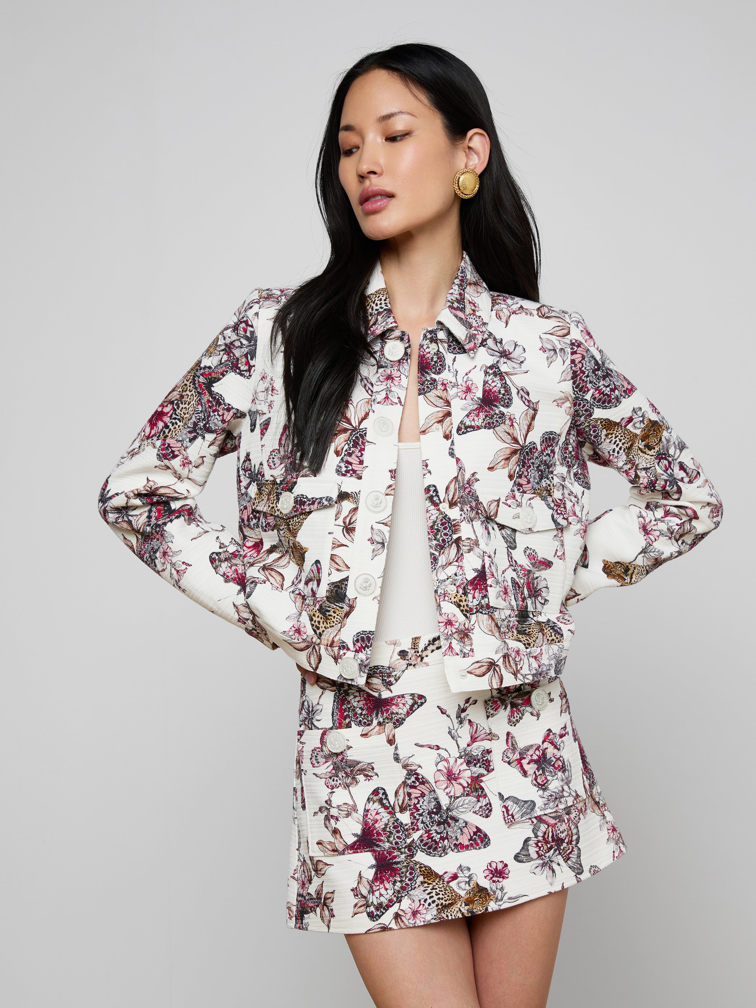 Nyx Cropped Jacket in White Multi Large Butterfly Jungle | L'AGENCE
