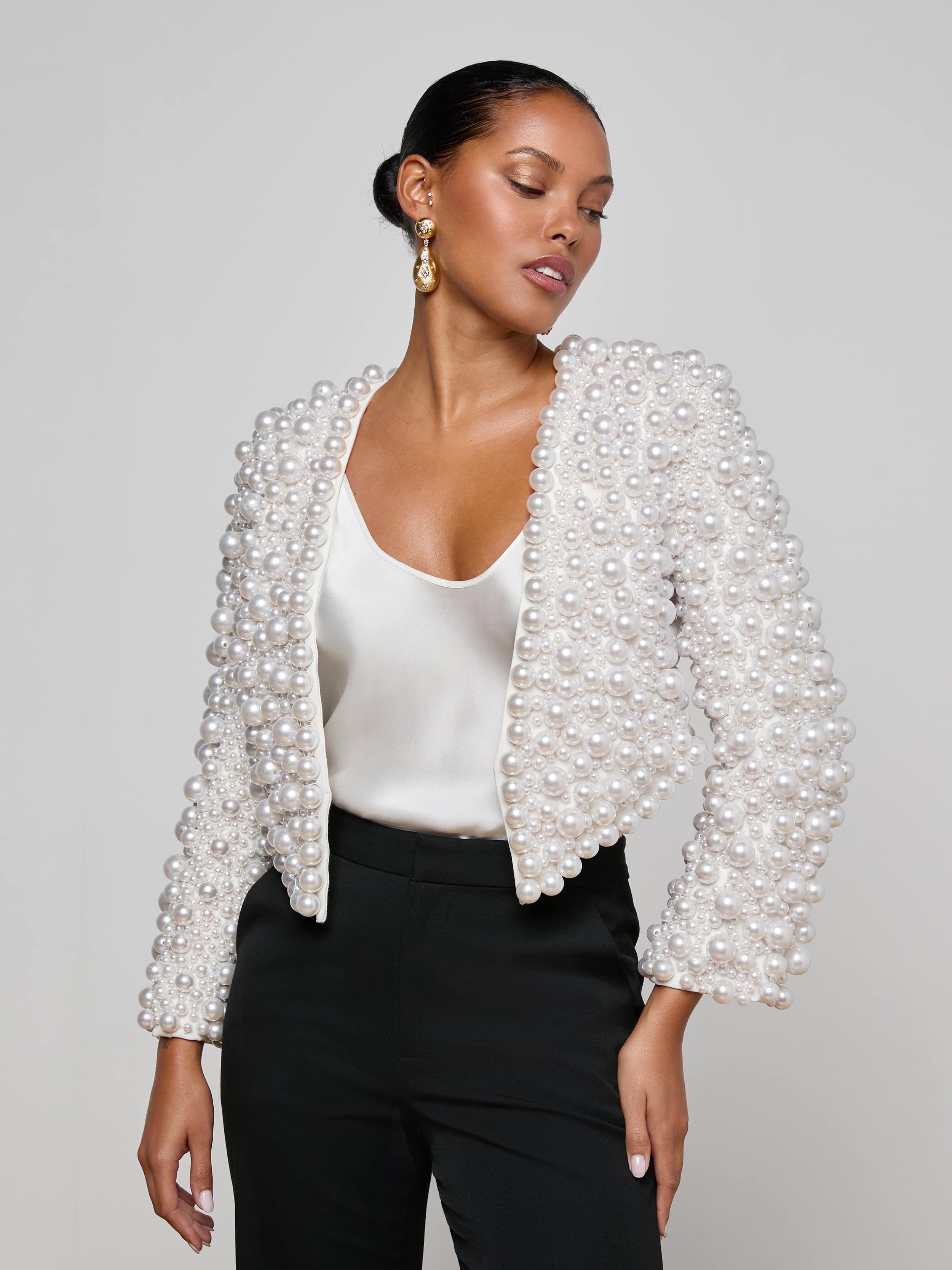 Belle Oversized Pearl Jacket in Ivory Mixed Pearls | L'AGENCE
