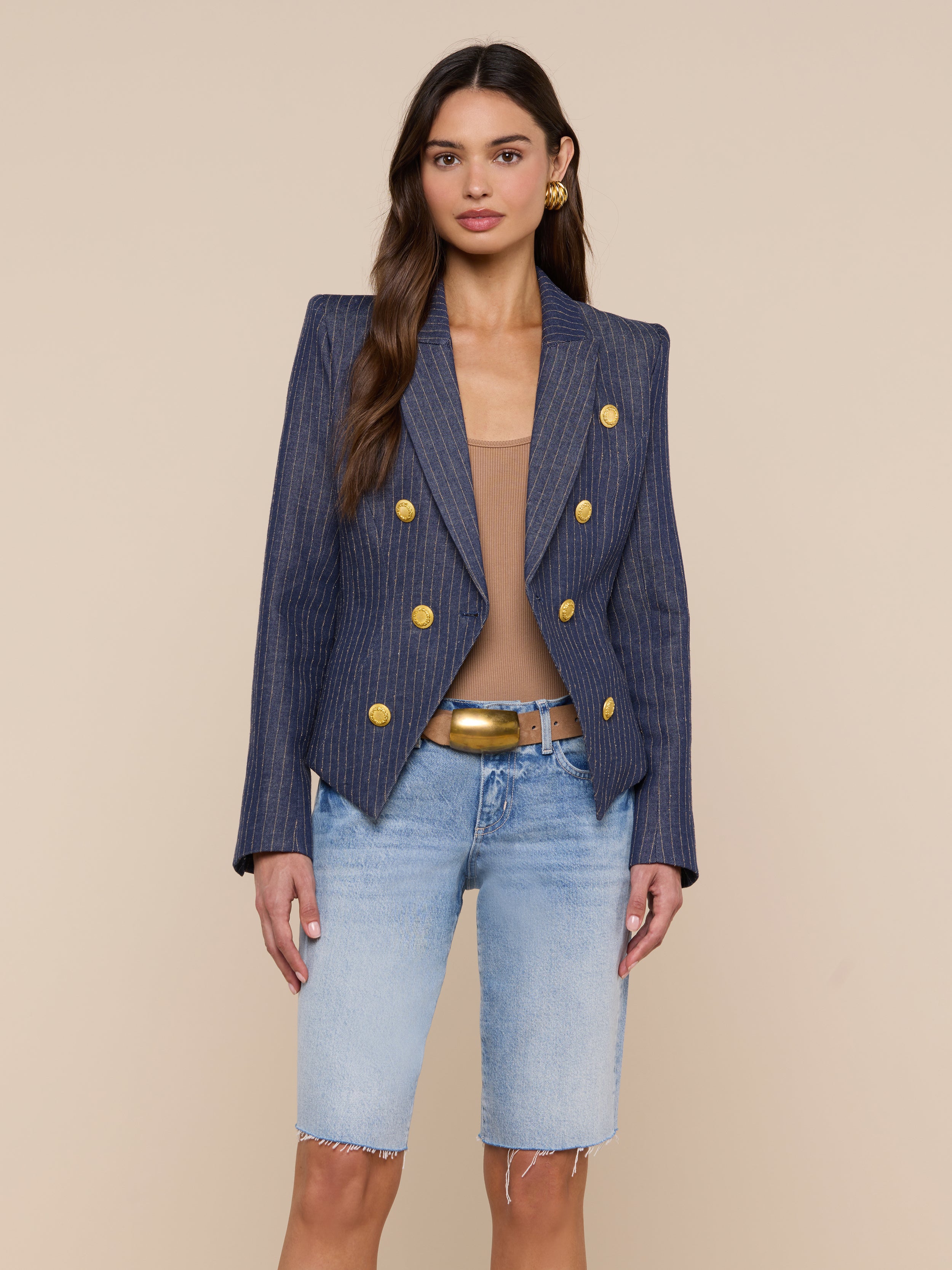 Solar Pinstriped Blazer in Dark Blue/Nutmeg Pinstripe | L'AGENCE