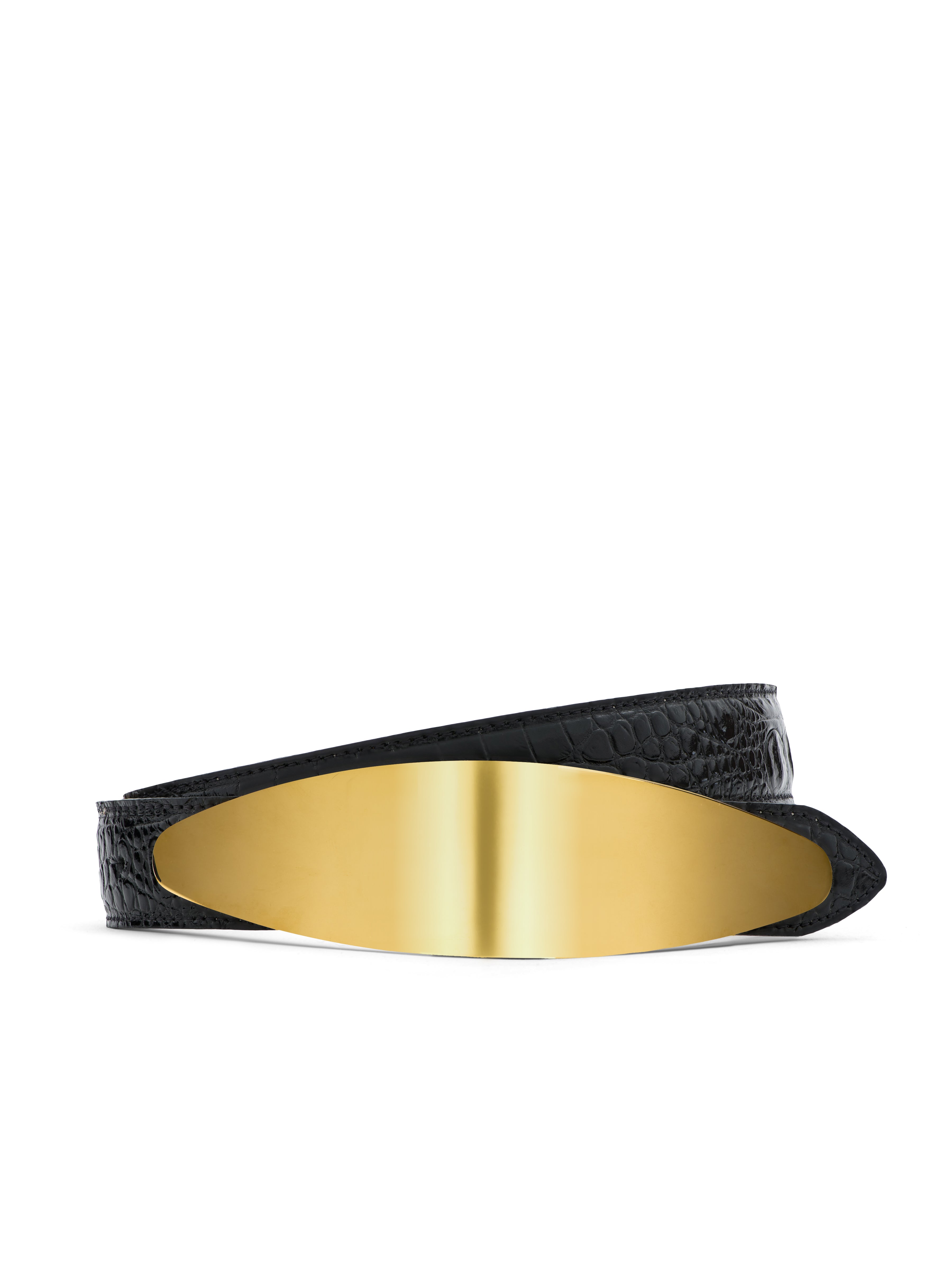 小物 ARGUELONG LETHER BELTBLACKx gold Maroux Croc-Embossed Leather Belt in Black Croc Embossed | L'AGENCE