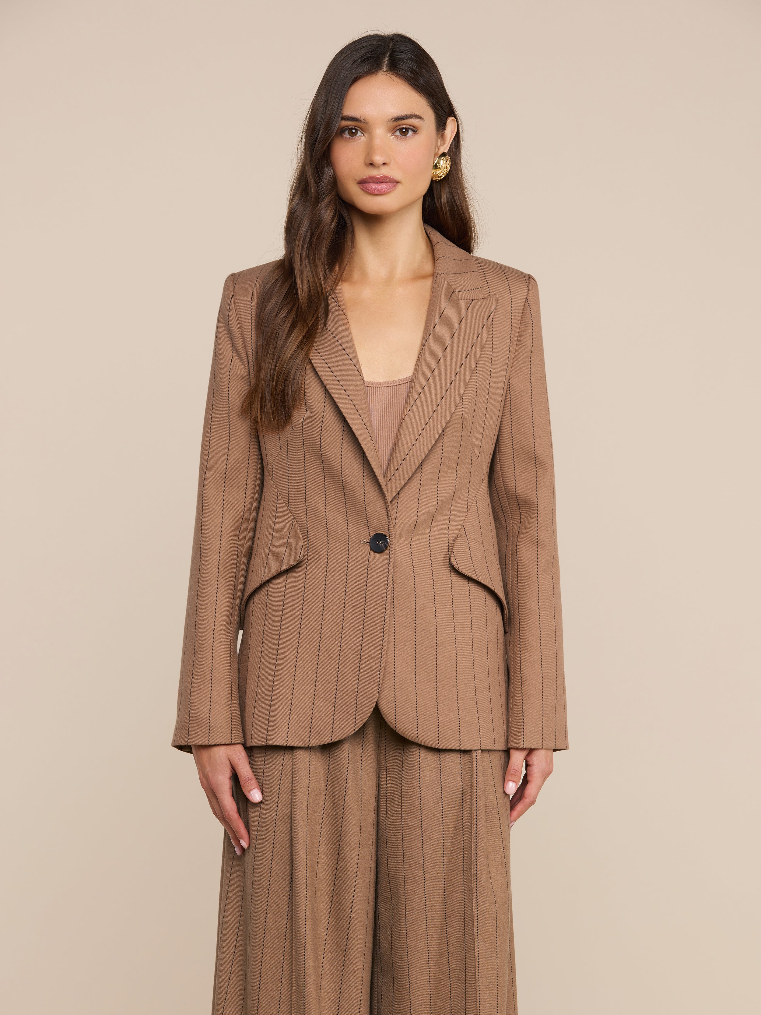 Chamberlain Blazer in Mocha Tan/Brown Pinstripe | L'AGENCE