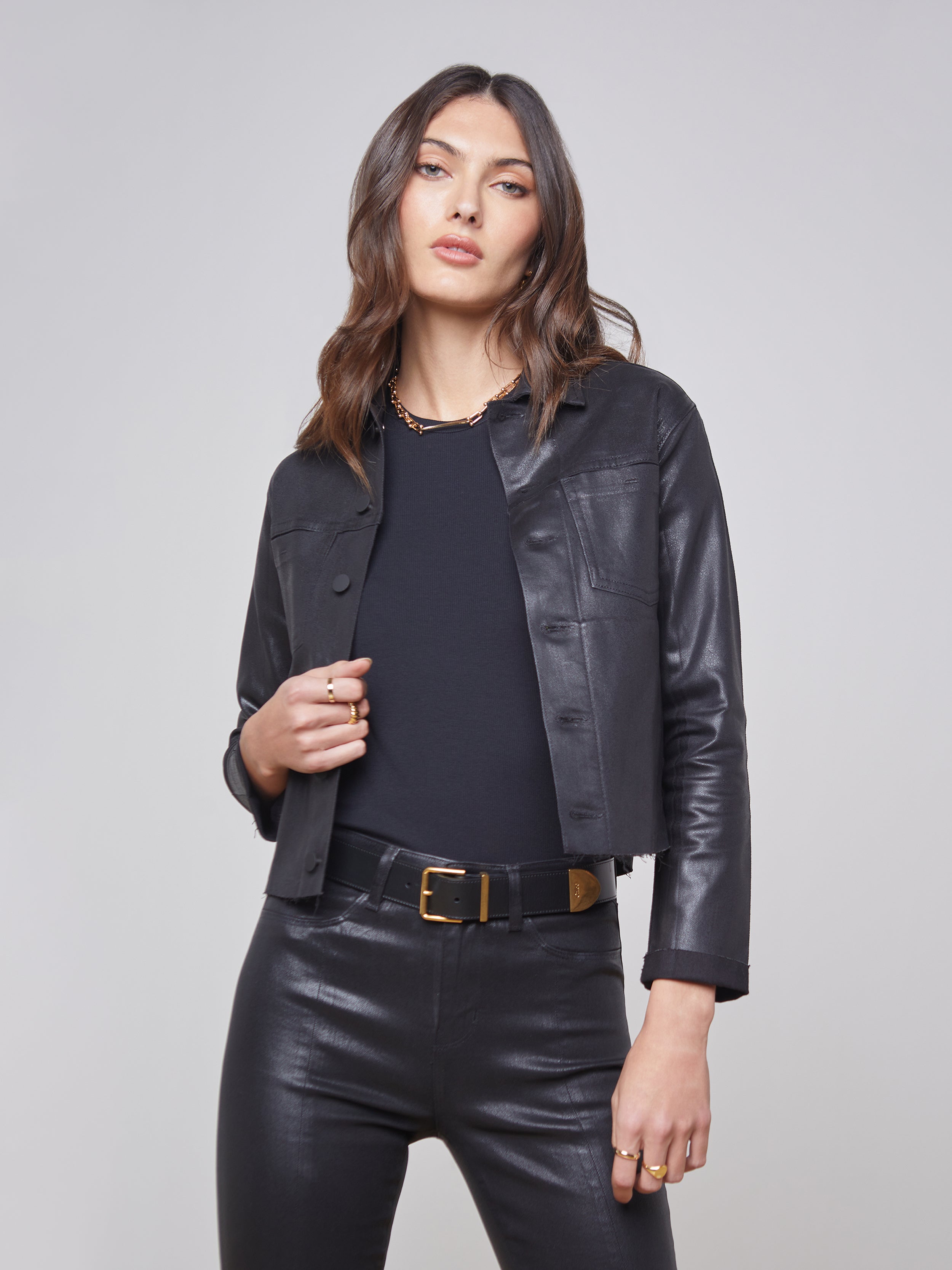 L'AGENCE Janelle Coated Jacket In Saturated Black Coated