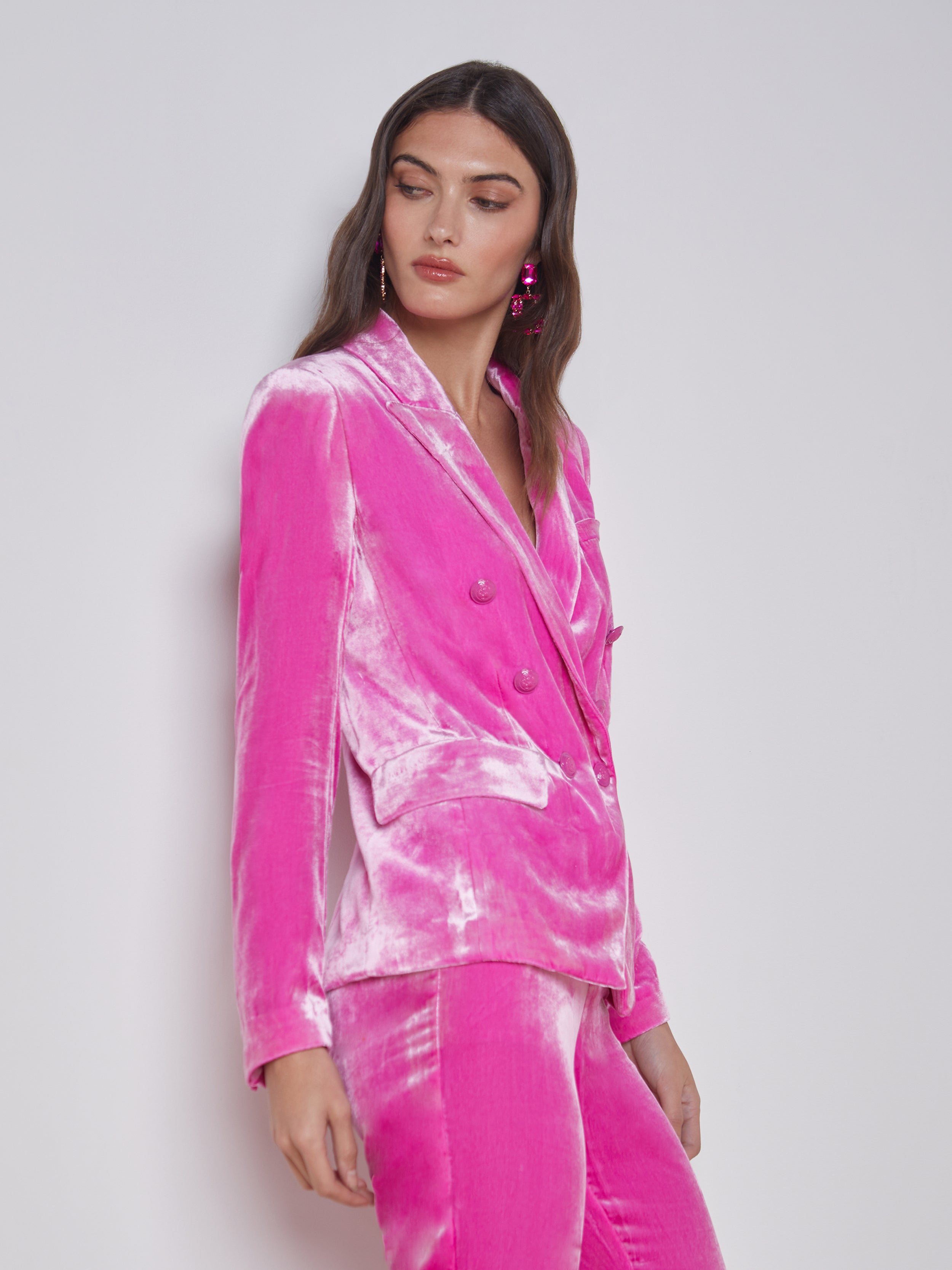 L'AGENCE Kenzie Velvet Blazer in Hot Pink