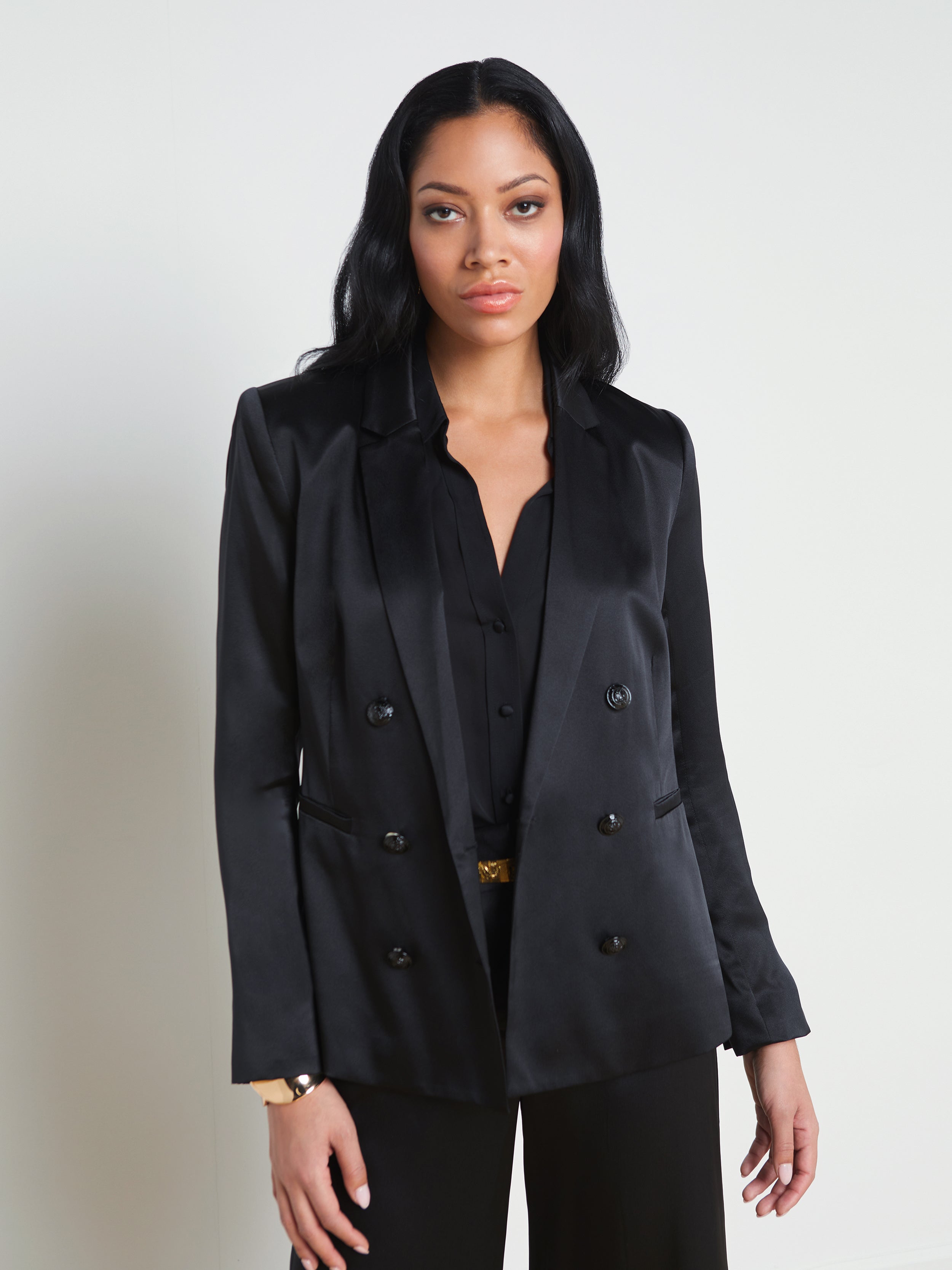 Colin Double Breasted Silk Charmeuse Blazer in Black L'AGENCE