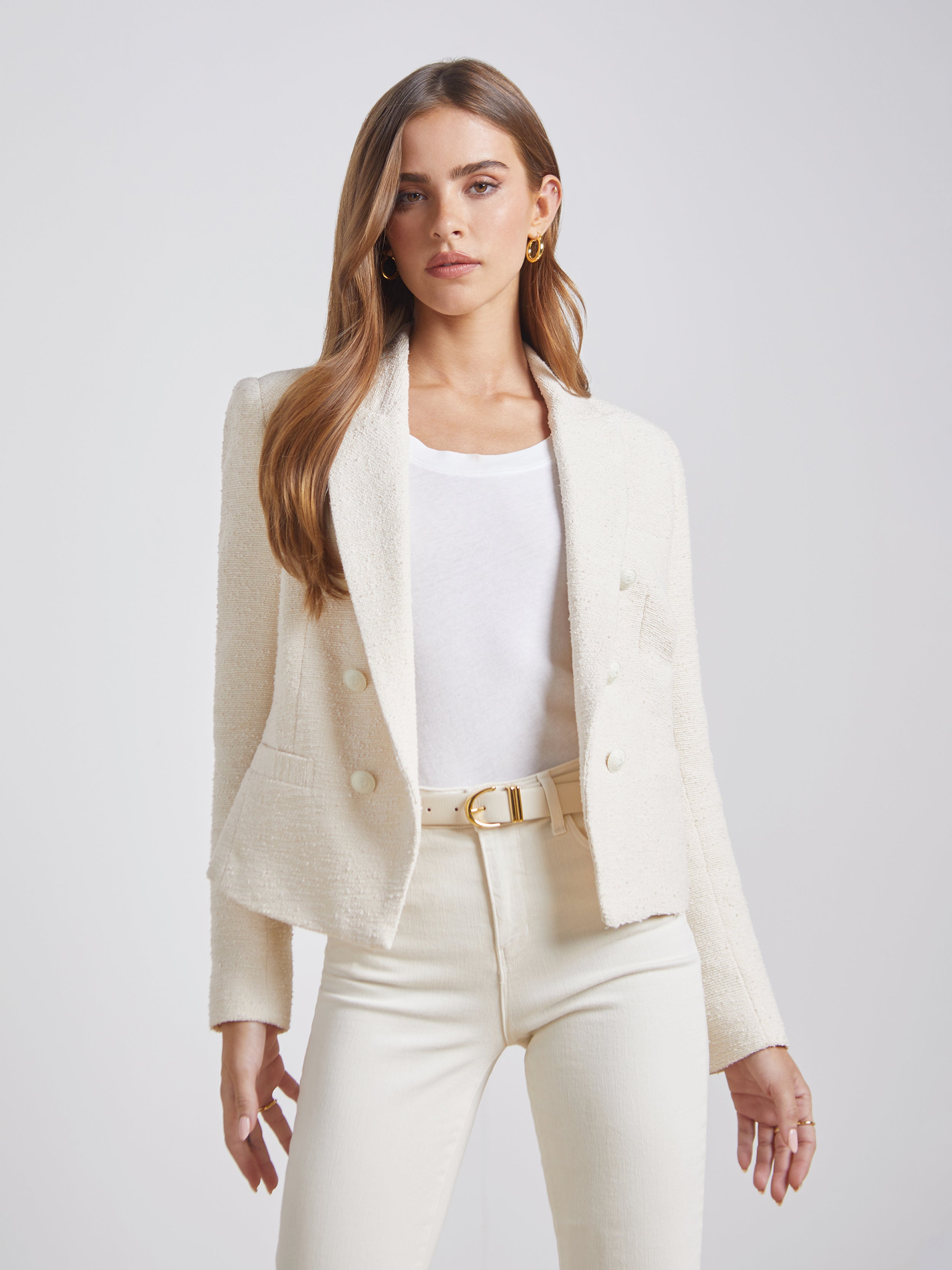 Long Sleeve Cropped Tweed Jacket White Style 1 - Jackets & Coats