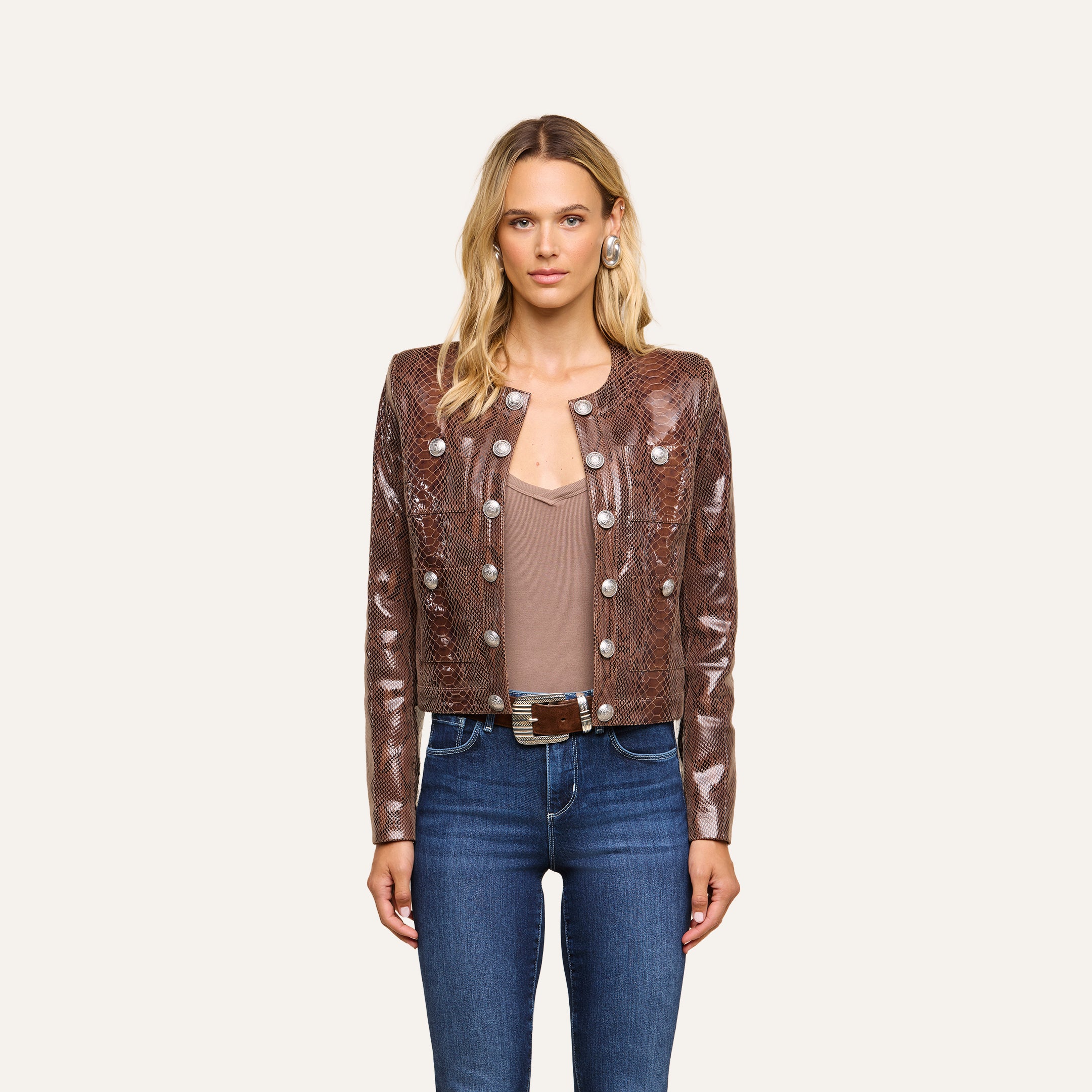 Jayde Coated Suede Jacket in Dark Cappuccino Snake | L'AGENCE