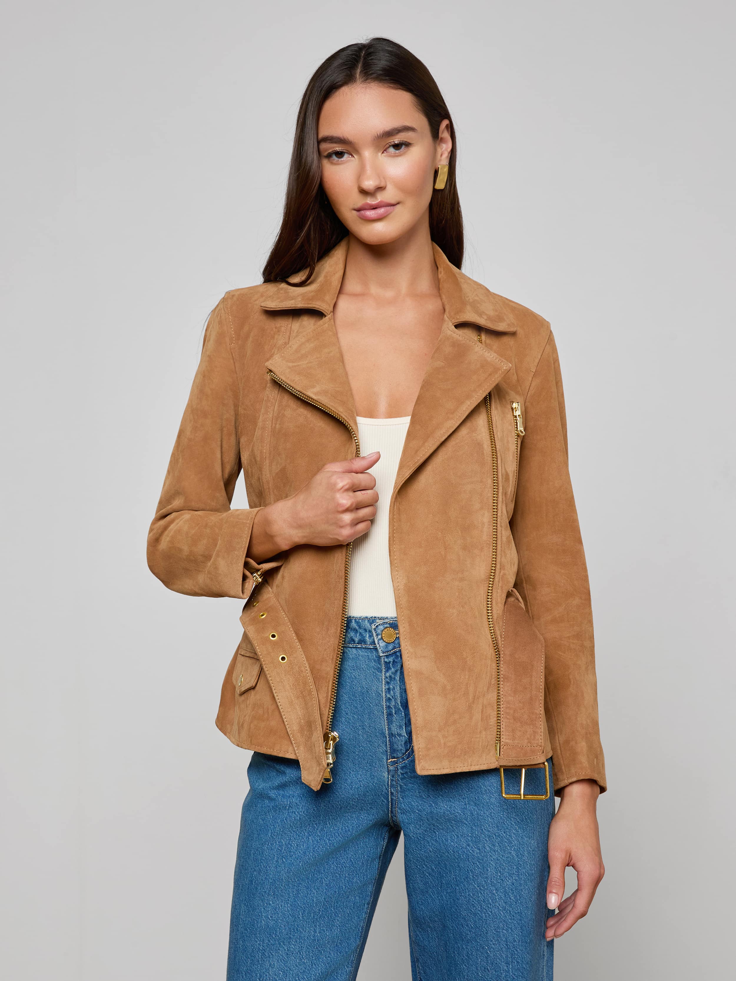 Dinah Suede Biker Jacket in Dark Chai Latte | L'AGENCE