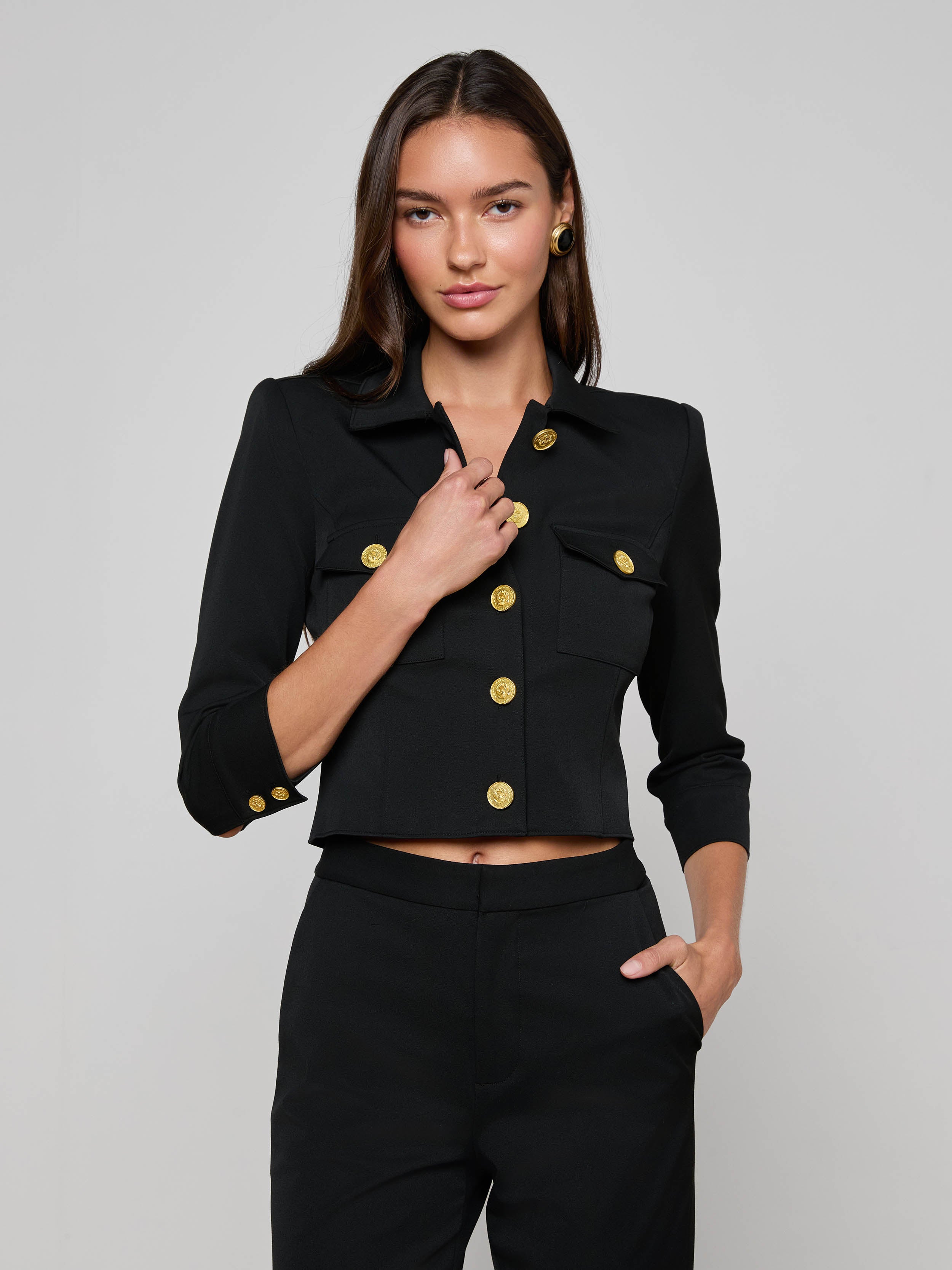 L'AGENCE Kumi Cropped Jacket In Black/Gold Coin L'AGENCE Kumi Cropped Jacket In Black/Gold Coin