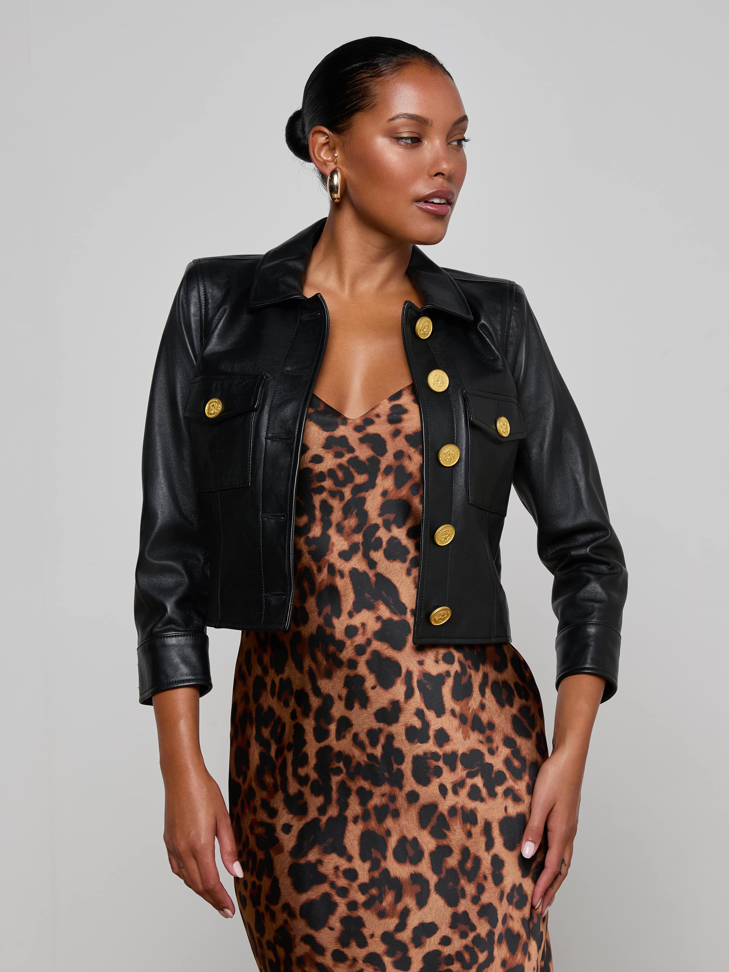 Kumi Cropped Leather Jacket in Black | L'AGENCE