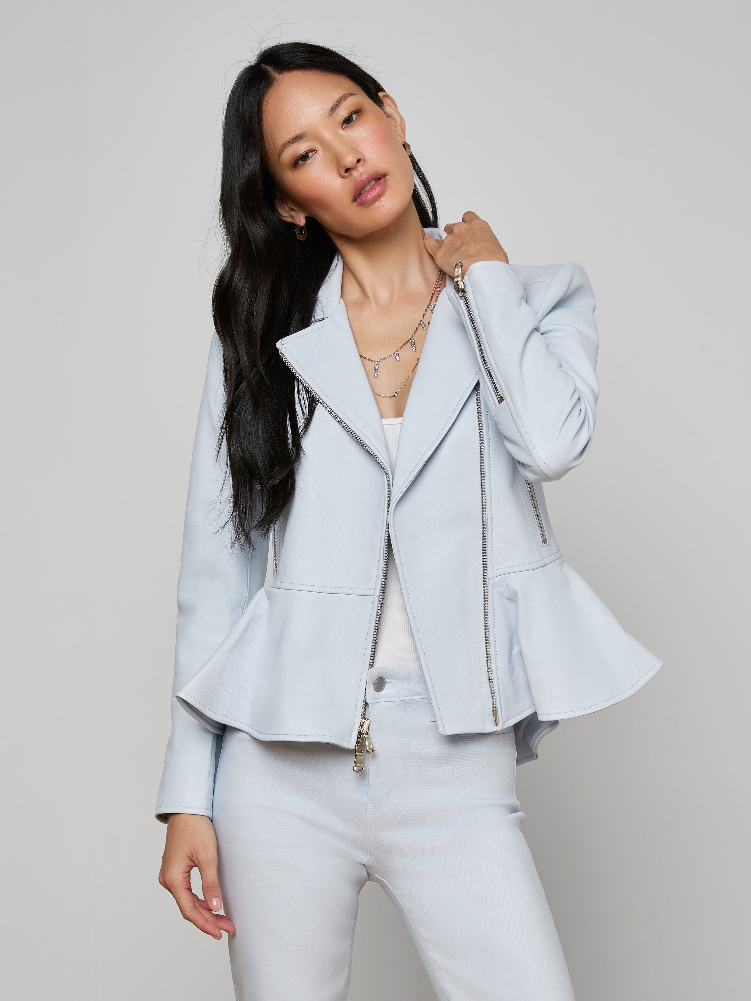 Lyric Peplum Biker Jacket in Pale Mist Blue | L'AGENCE