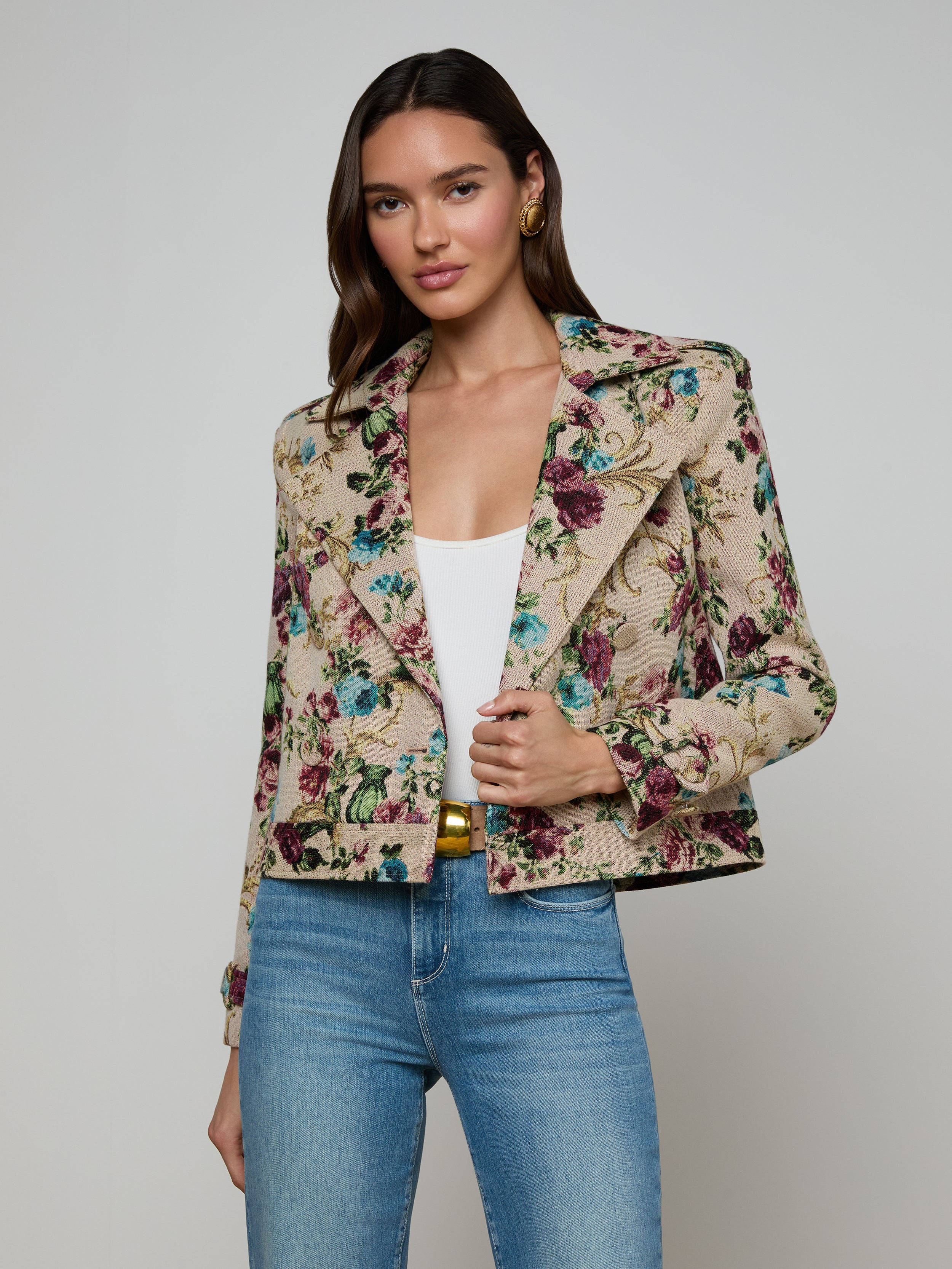 Xoey Cropped Trench Coat in Multi Floral Tapestry | L'AGENCE