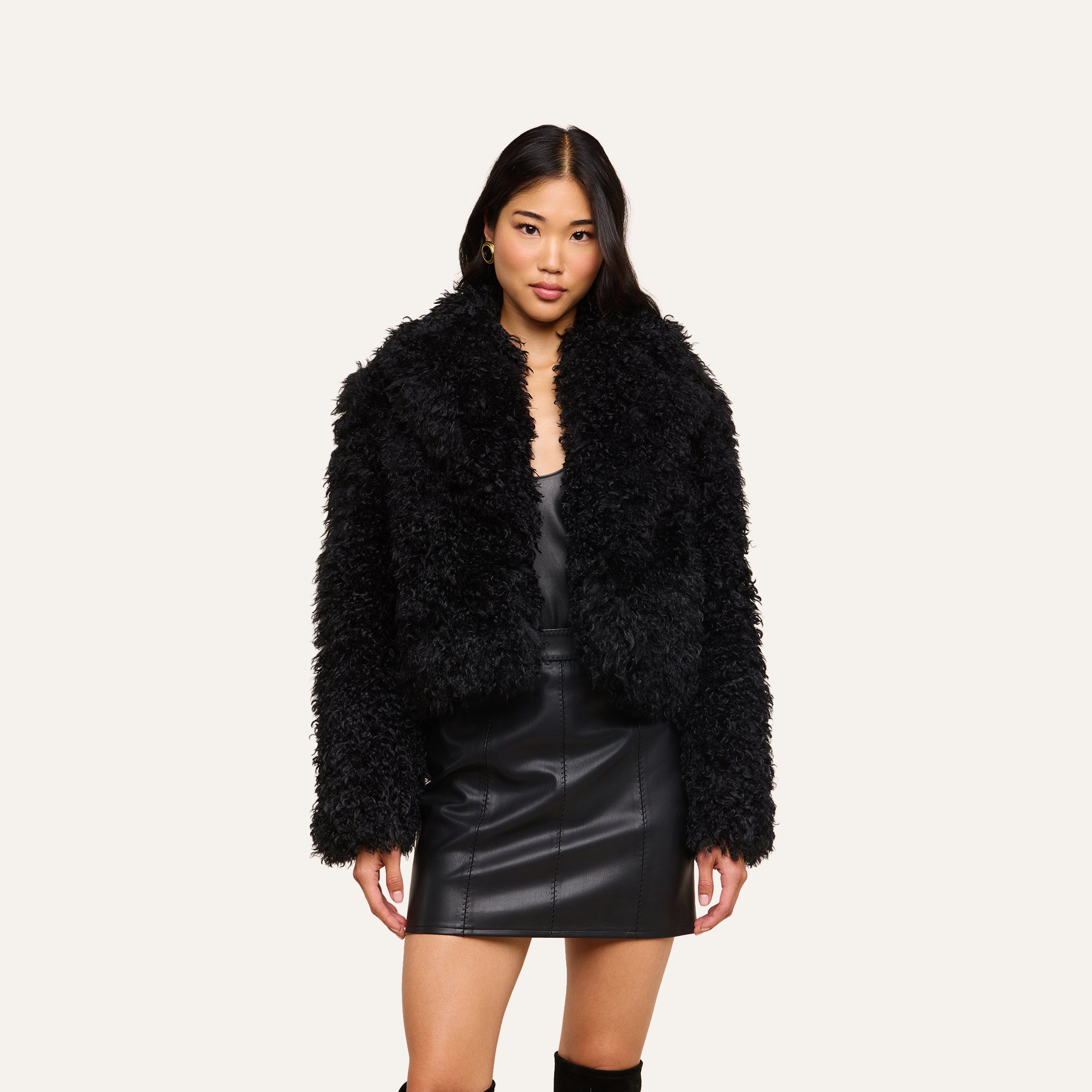Aura Cropped Faux Fur Jacket in Black | L'AGENCE