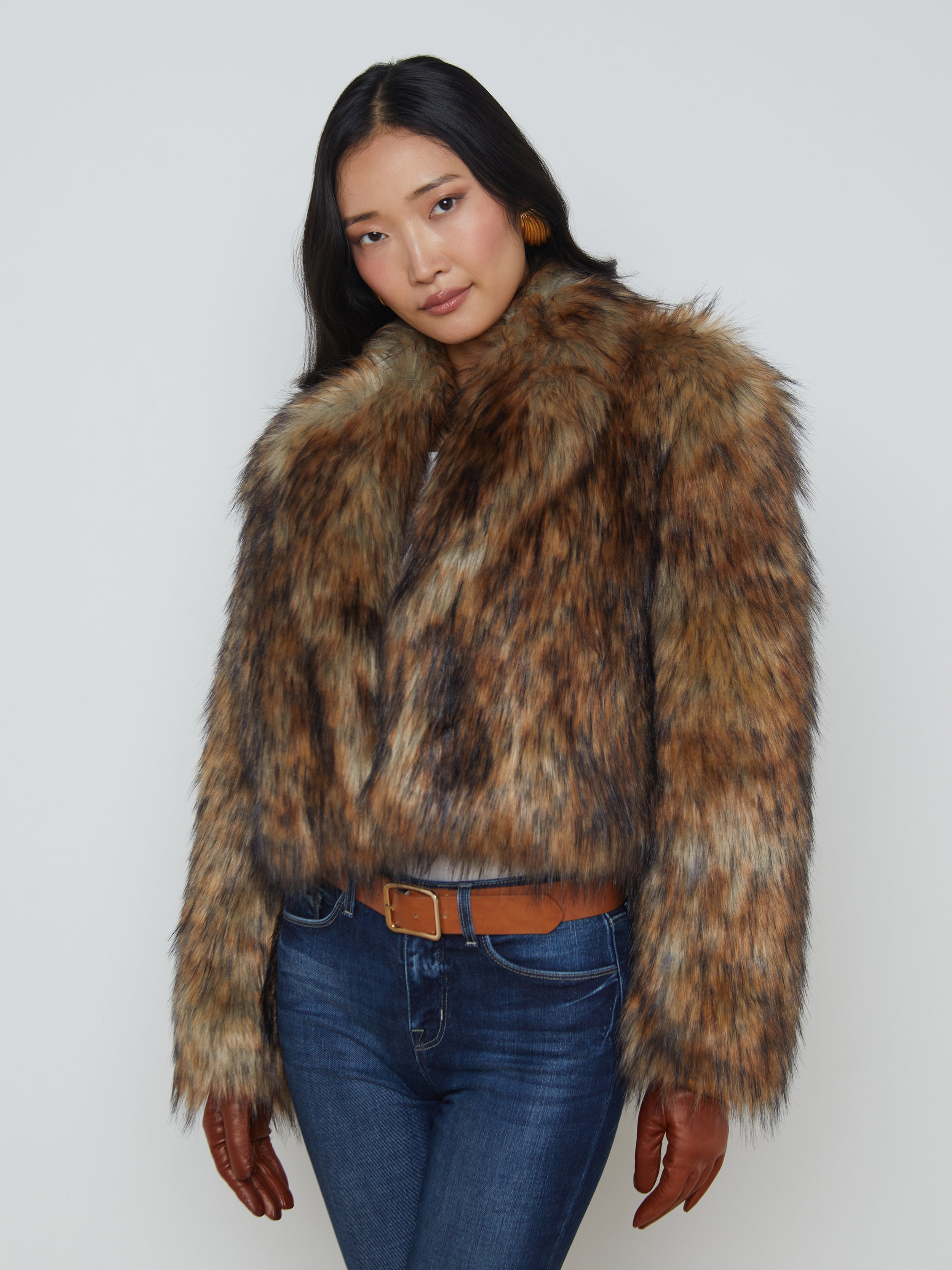 L’AGENCE - Aura Cropped Faux Fur Coat in Tan/Black