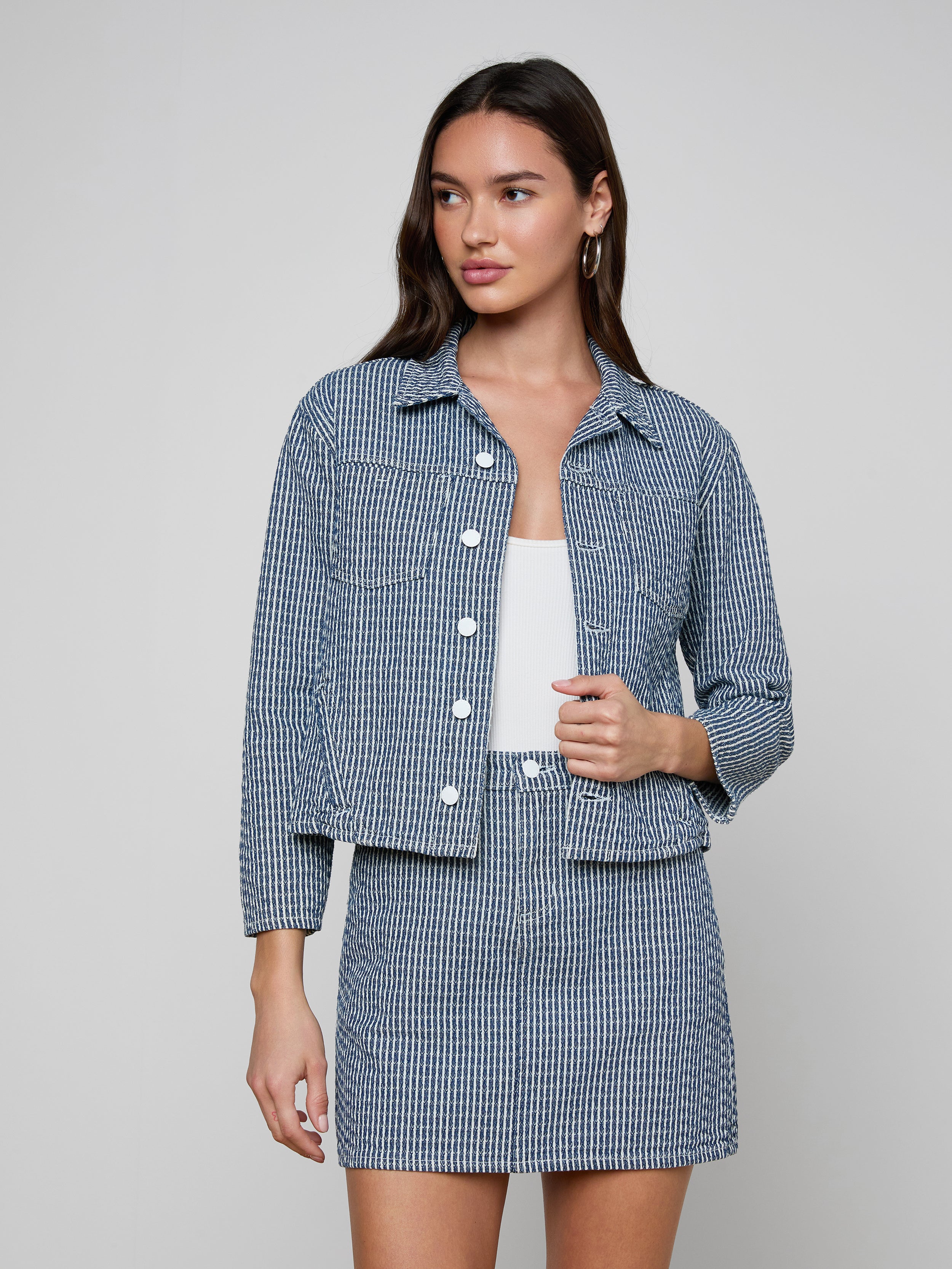 Nelly Cropped Jean Jacket in Vista Blue Stripe | L'AGENCE