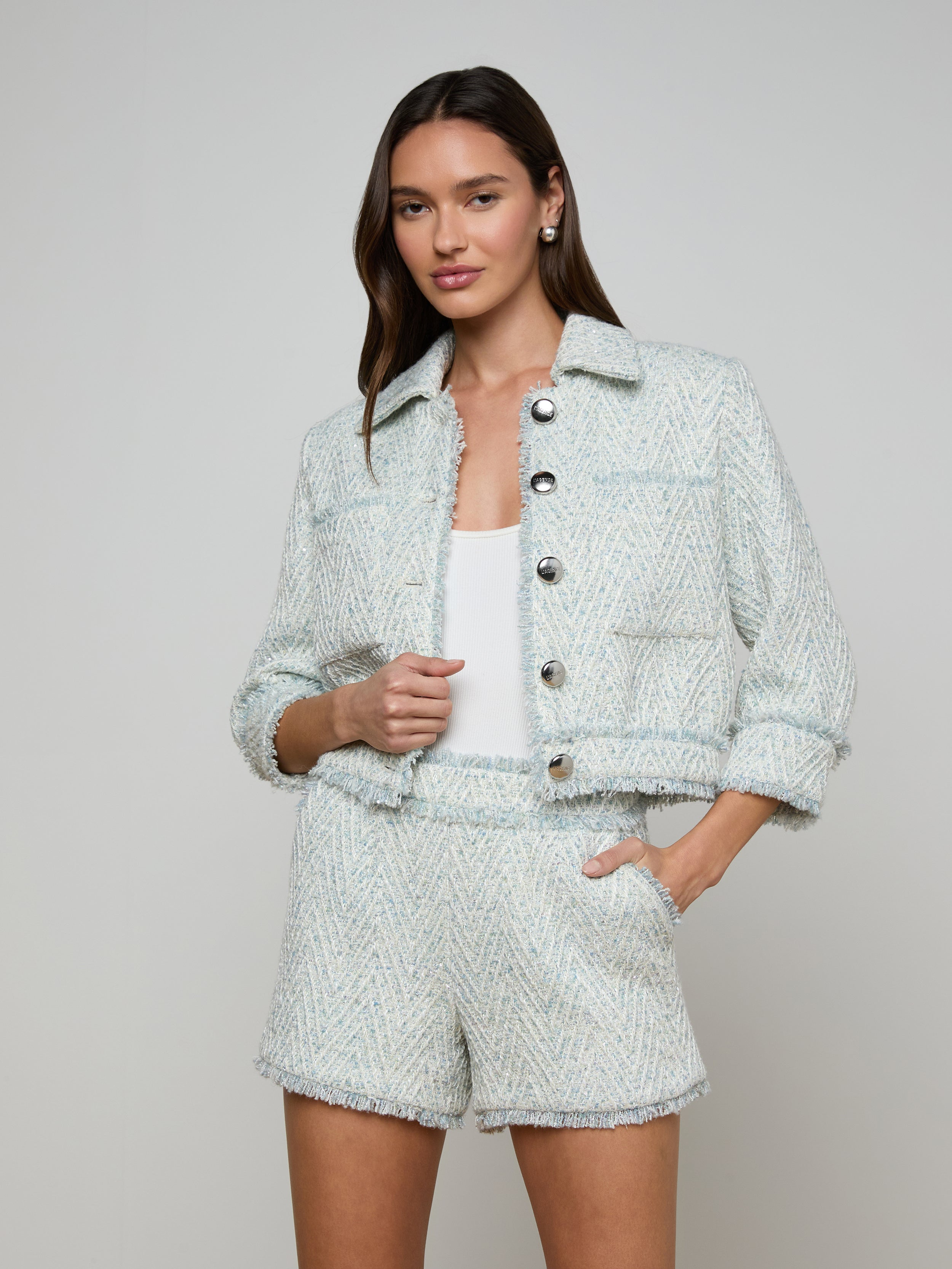 Jia Fringed Tweed Jacket in Light Blue/Ivory Chevron | L'AGENCE