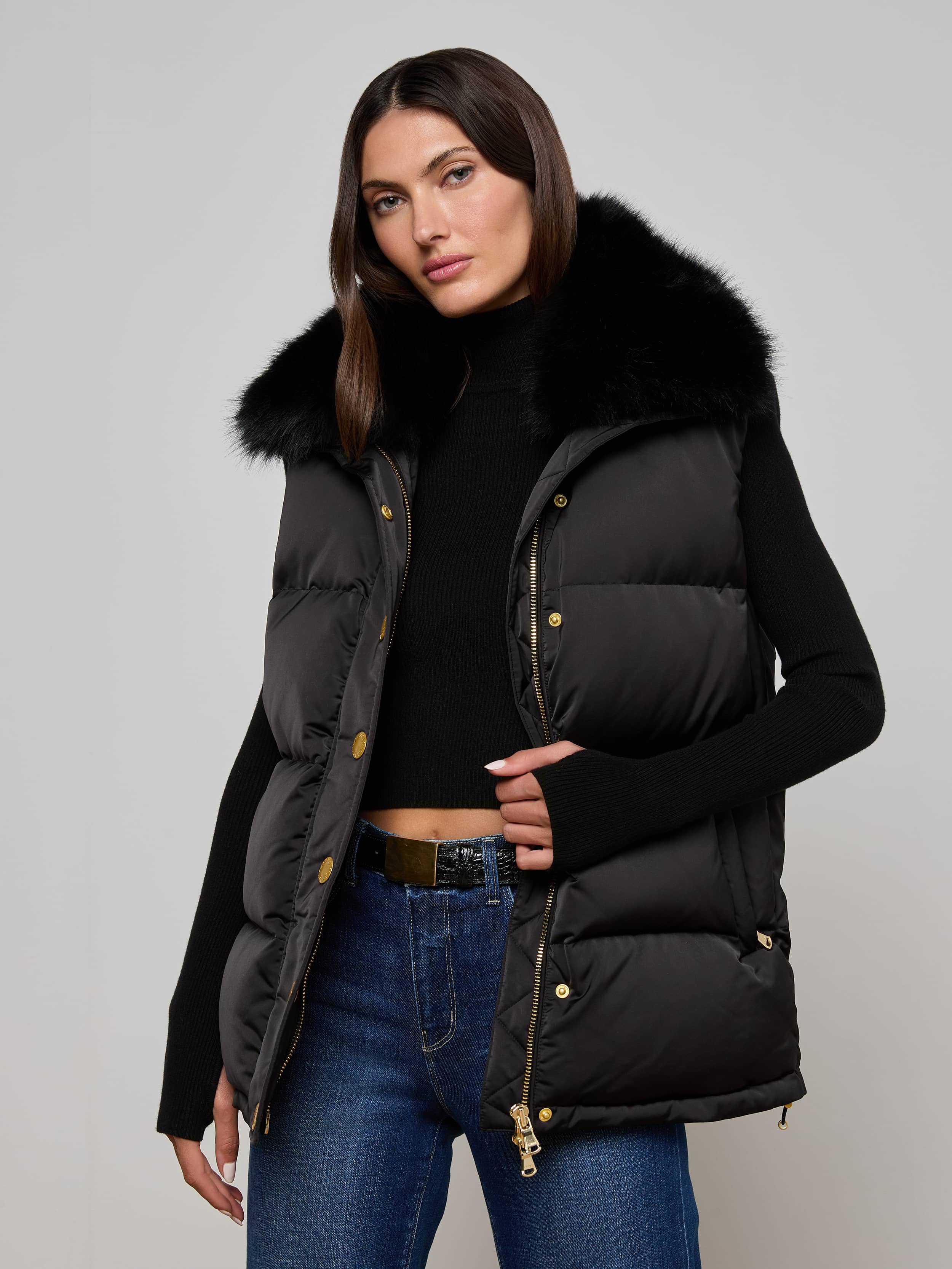 Nalo Faux Fur Puffer Vest in Black L'AGENCE