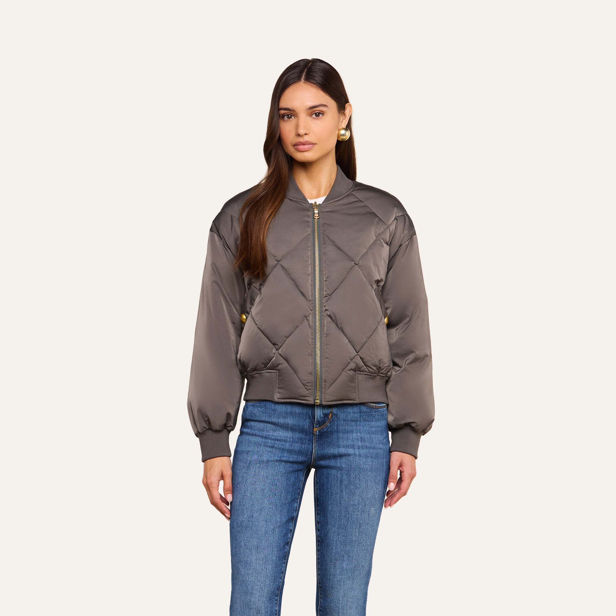 Violeta Reversible Puffer in Grey Olive/Charcoal Herringbone | L