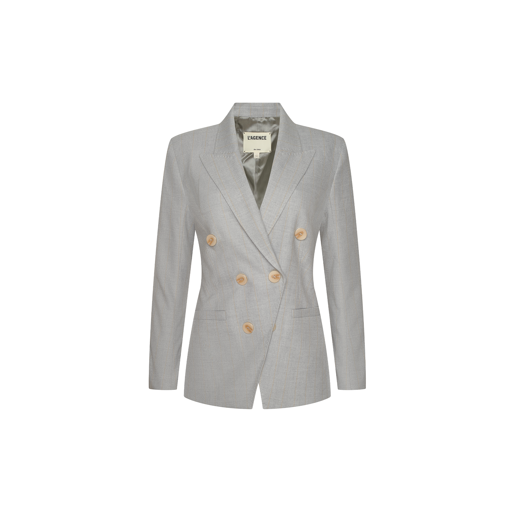 Kyomi Double-Breasted Blazer in Light Grey/Tan Pinstripe | L'AGENCE
