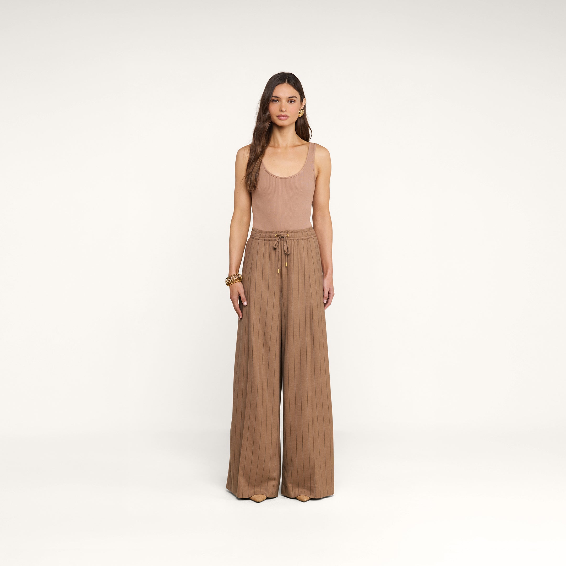 Connie Drawstring Trouser in Mocha Tan/Brown Pinstripe | L'AGENCE