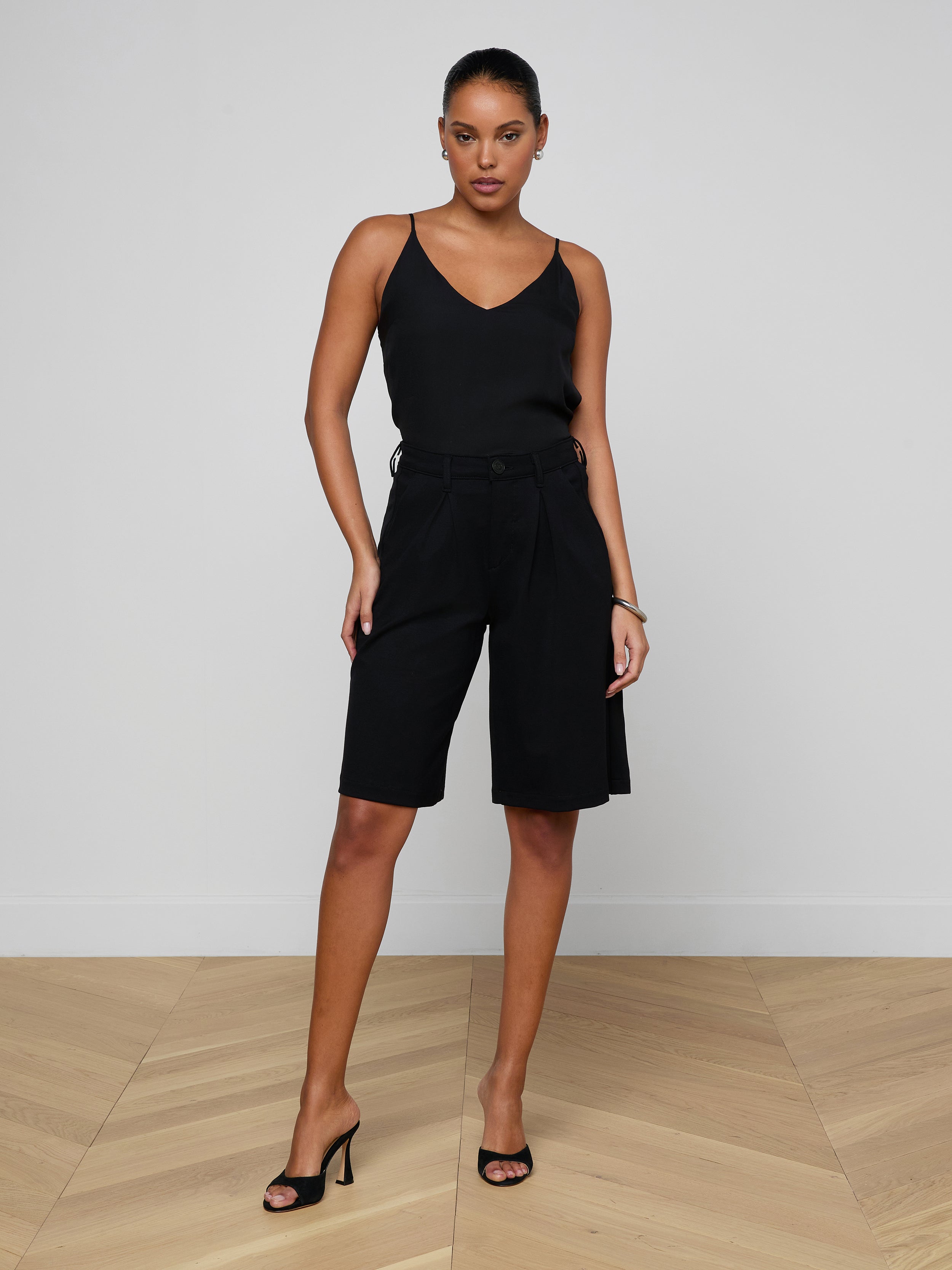 black dress shorts for women HDE Womens Pull On 3" Inseam with Pockets High Waisted Chino Dressy Pleated Summer Stretchy Elastic Waist Shorts High waist Everbellus High Waisted Wide Leg