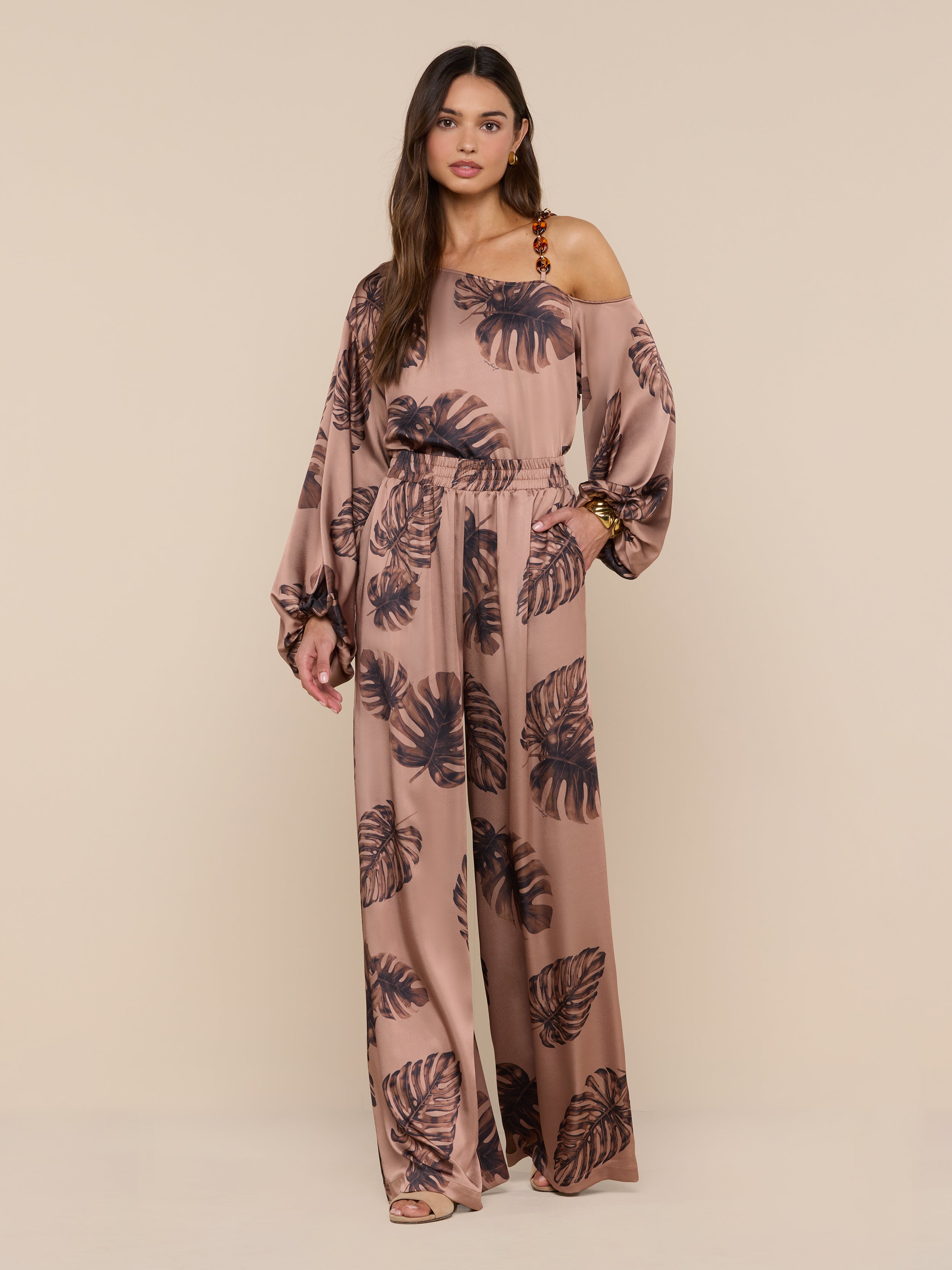 Lillian Satin Pant in Hazelnut Multi Large Palm | L'AGENCE