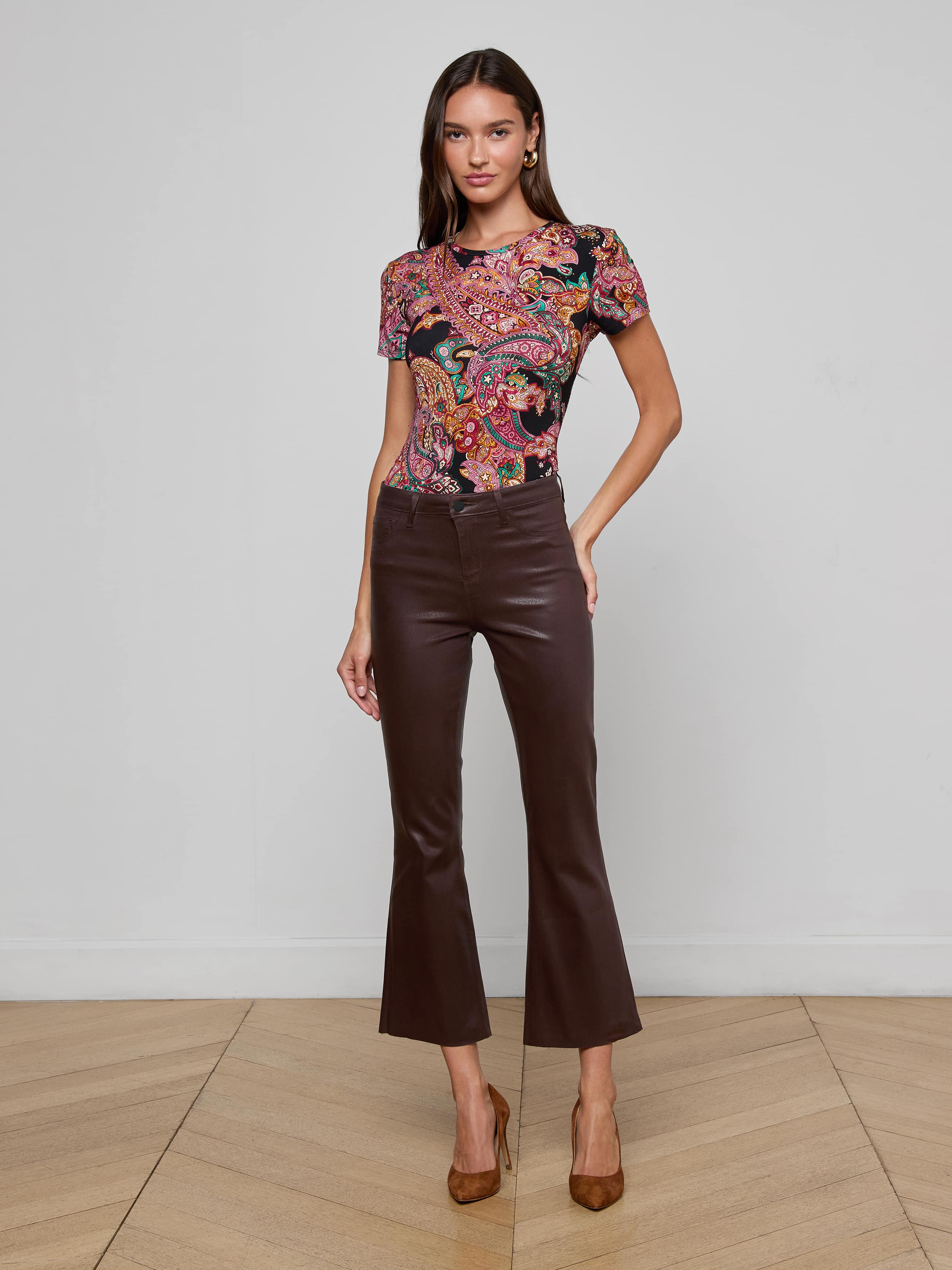 Kendra Coated Cropped Flare Jean in Chocolate Coated | L'AGENCE