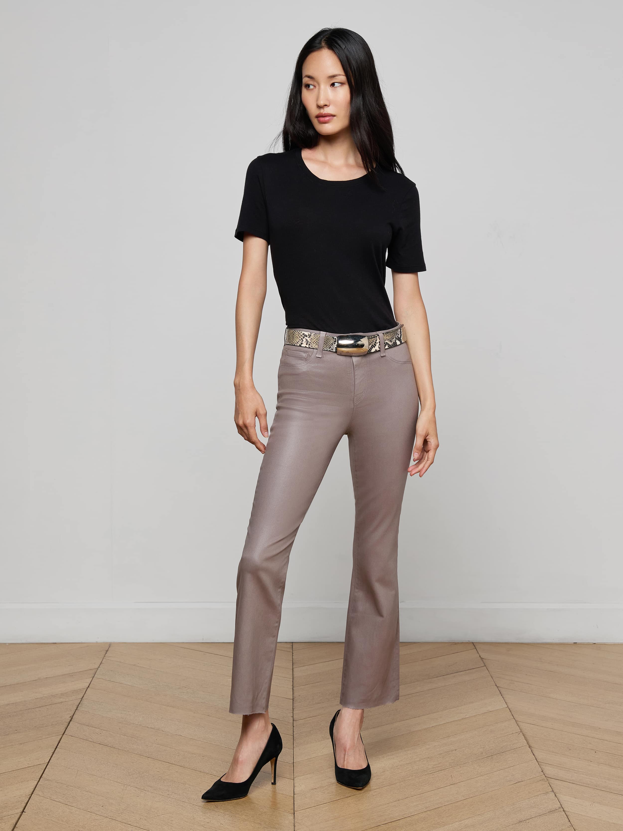 Kendra Coated Cropped Flare Jean in Driftwood Coated | L'AGENCE