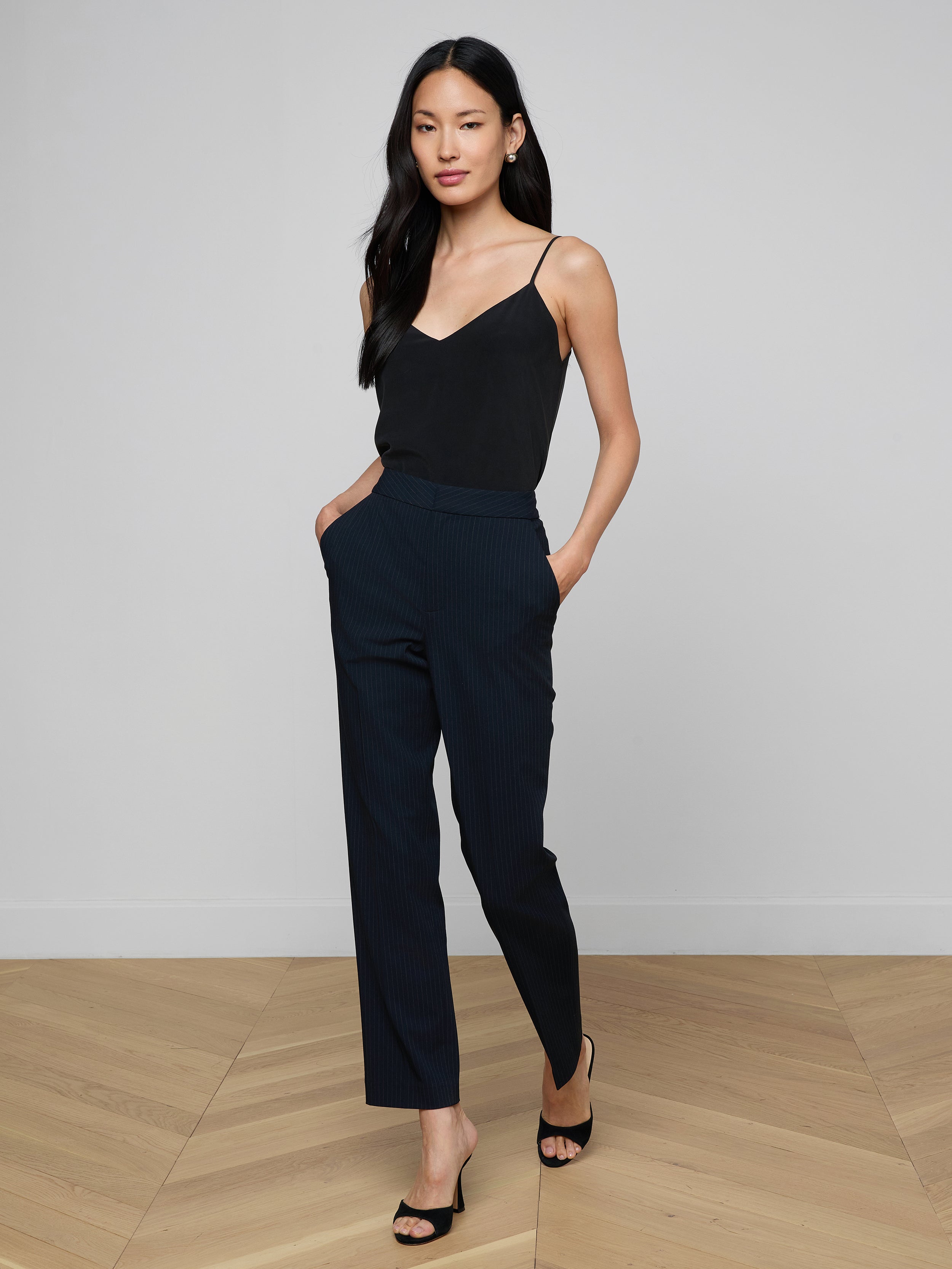 Rebel Pinstriped Trouser in Midnight/Ivory Pinstripe | L'AGENCE