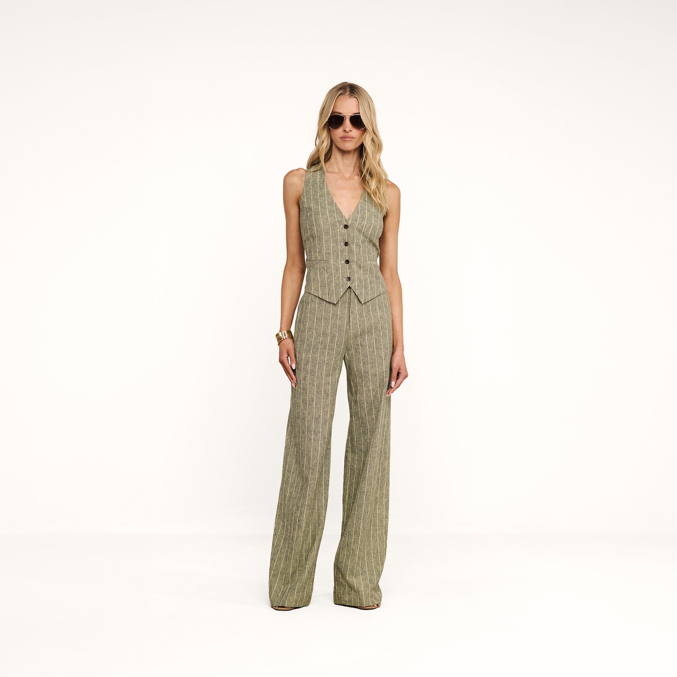 Livvy Linen-Blend Trouser in Olive Green Pinstripe | L'AGENCE
