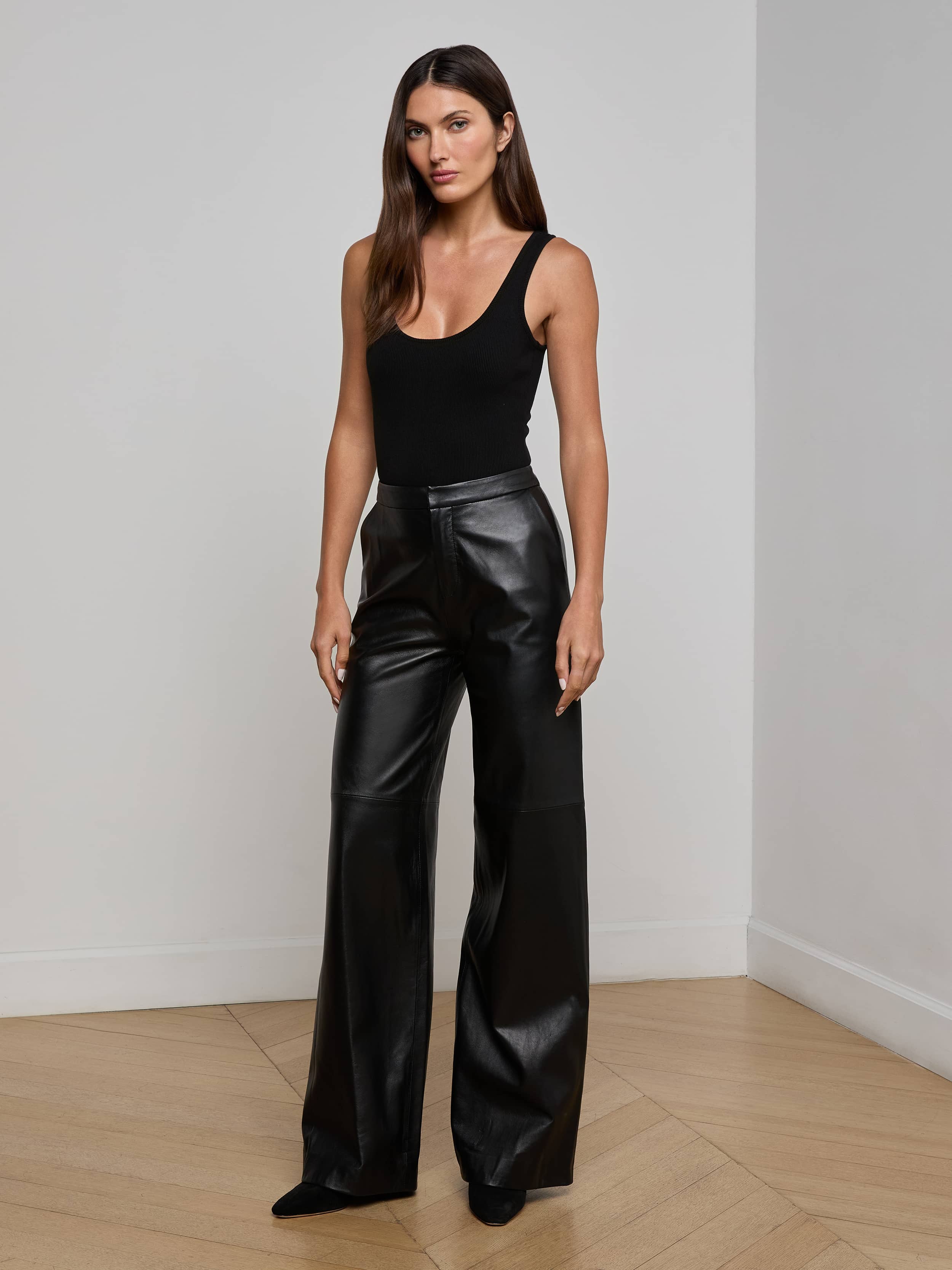Black Pants Leather Palazzo High Waisted Split Hem Leather Look