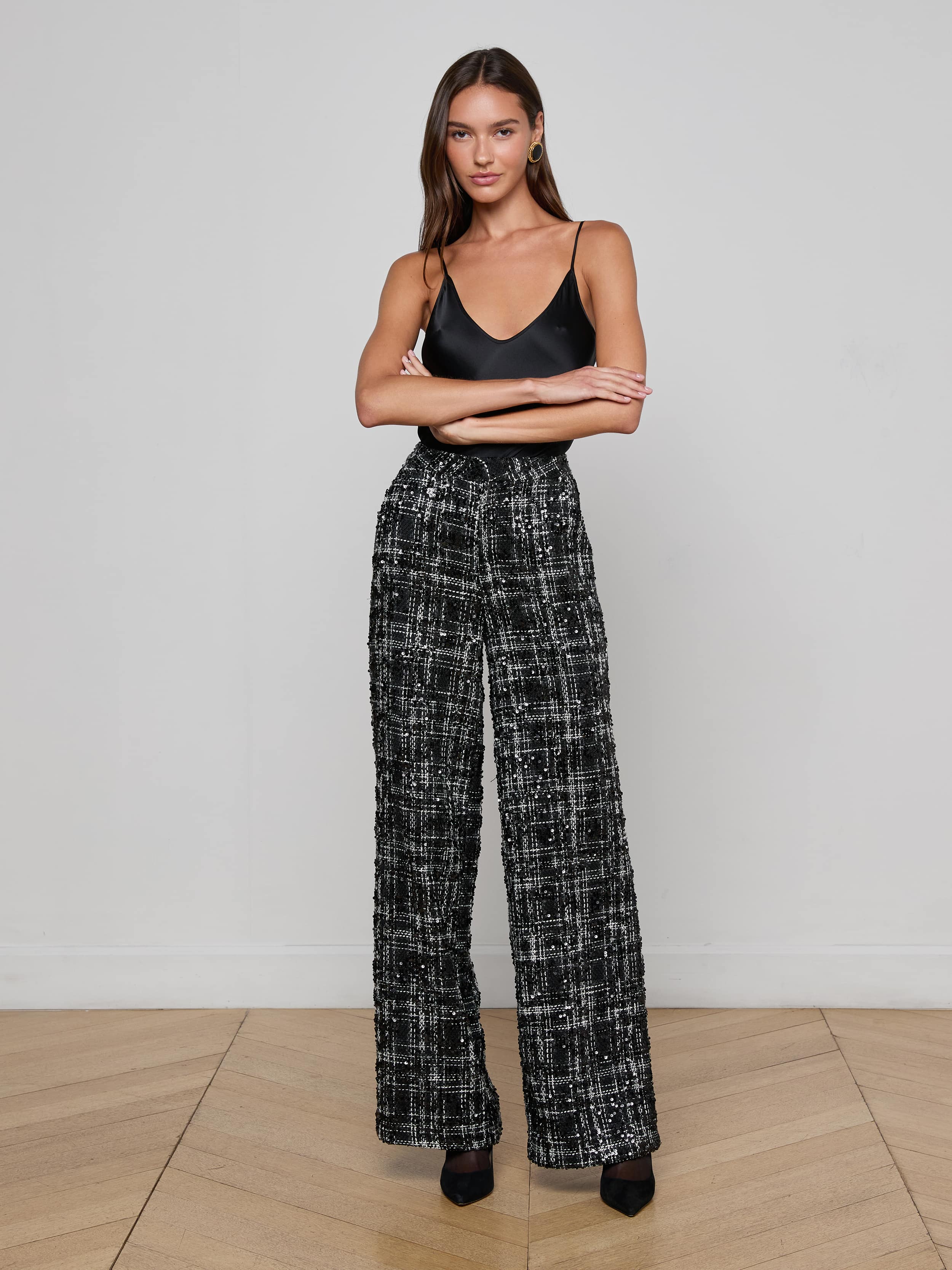 Livvy Tweed Trouser in Black/Ivory Tweed Black Sequin | L'AGENCE