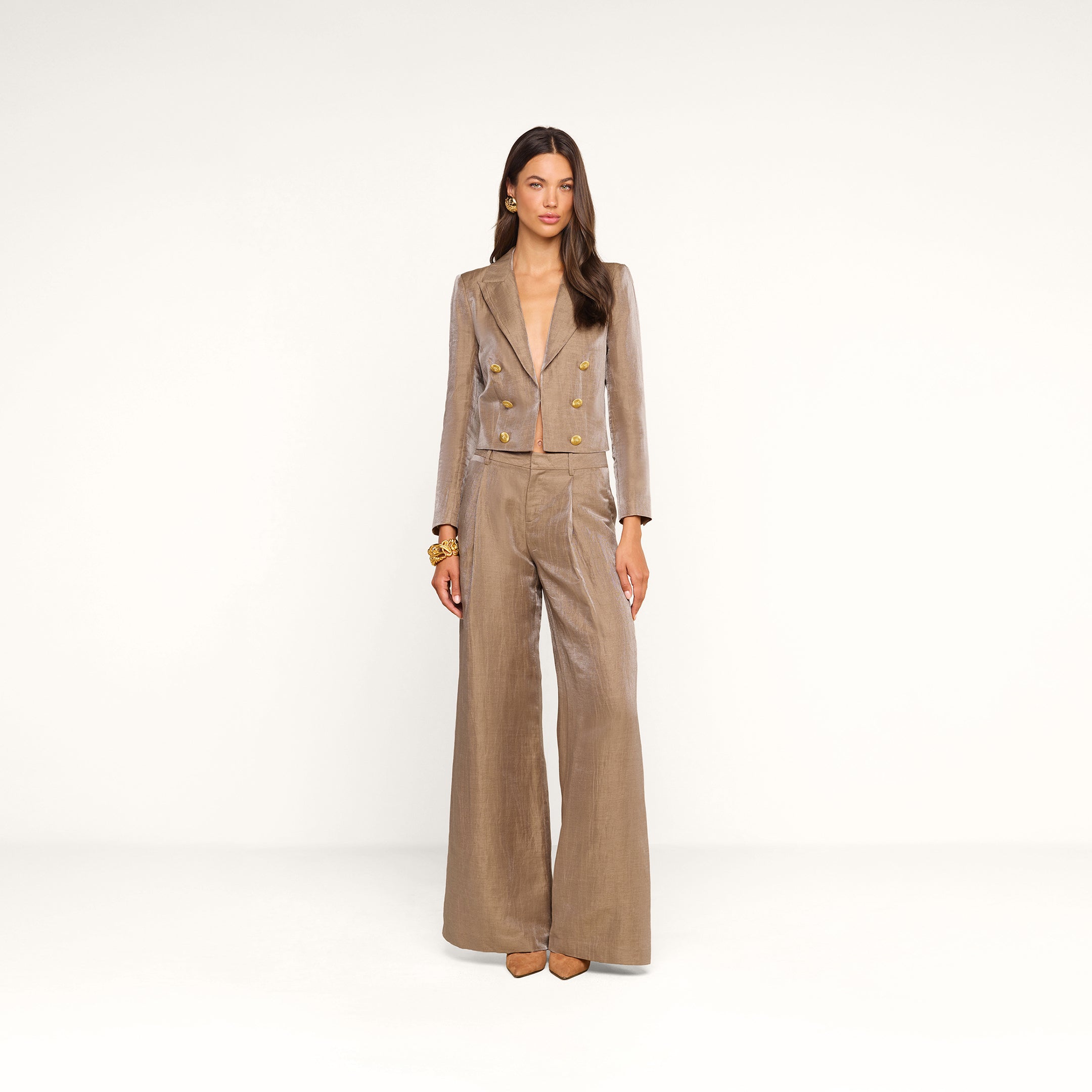 Allanah Linen-Blend Trouser in Latte/Gold | L'AGENCE