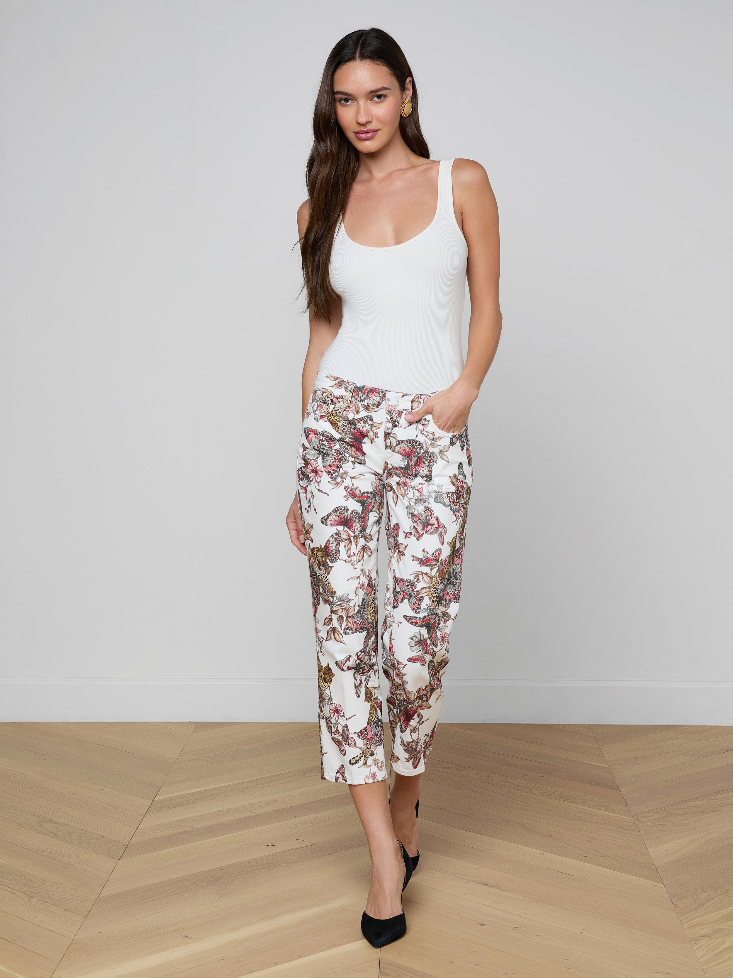 Blaine Cropped Stovepipe Jean in White Multi Large Butterfly