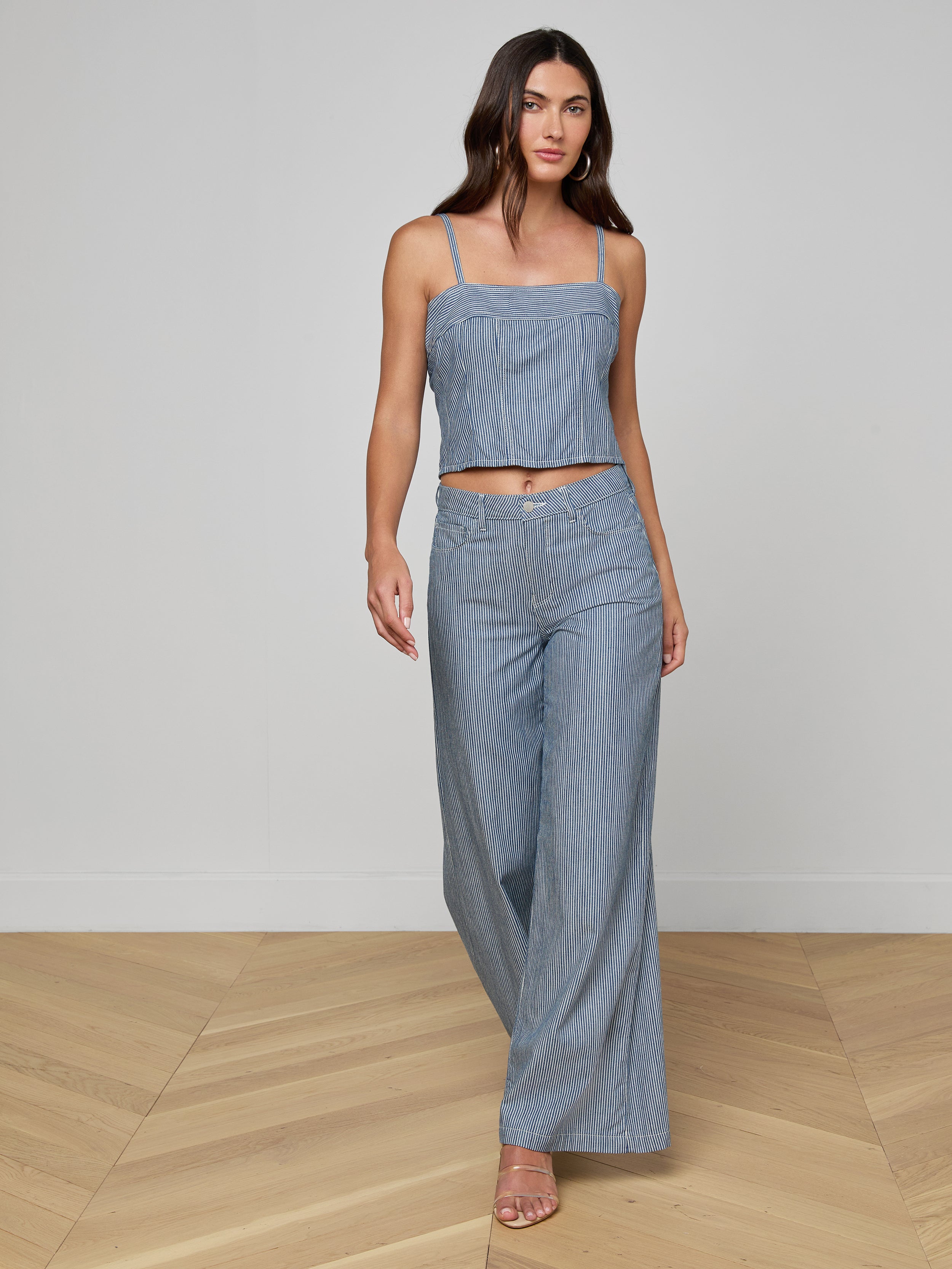 L'AGENCE Amara Wide-Leg Pants In Azure Blue Stripe