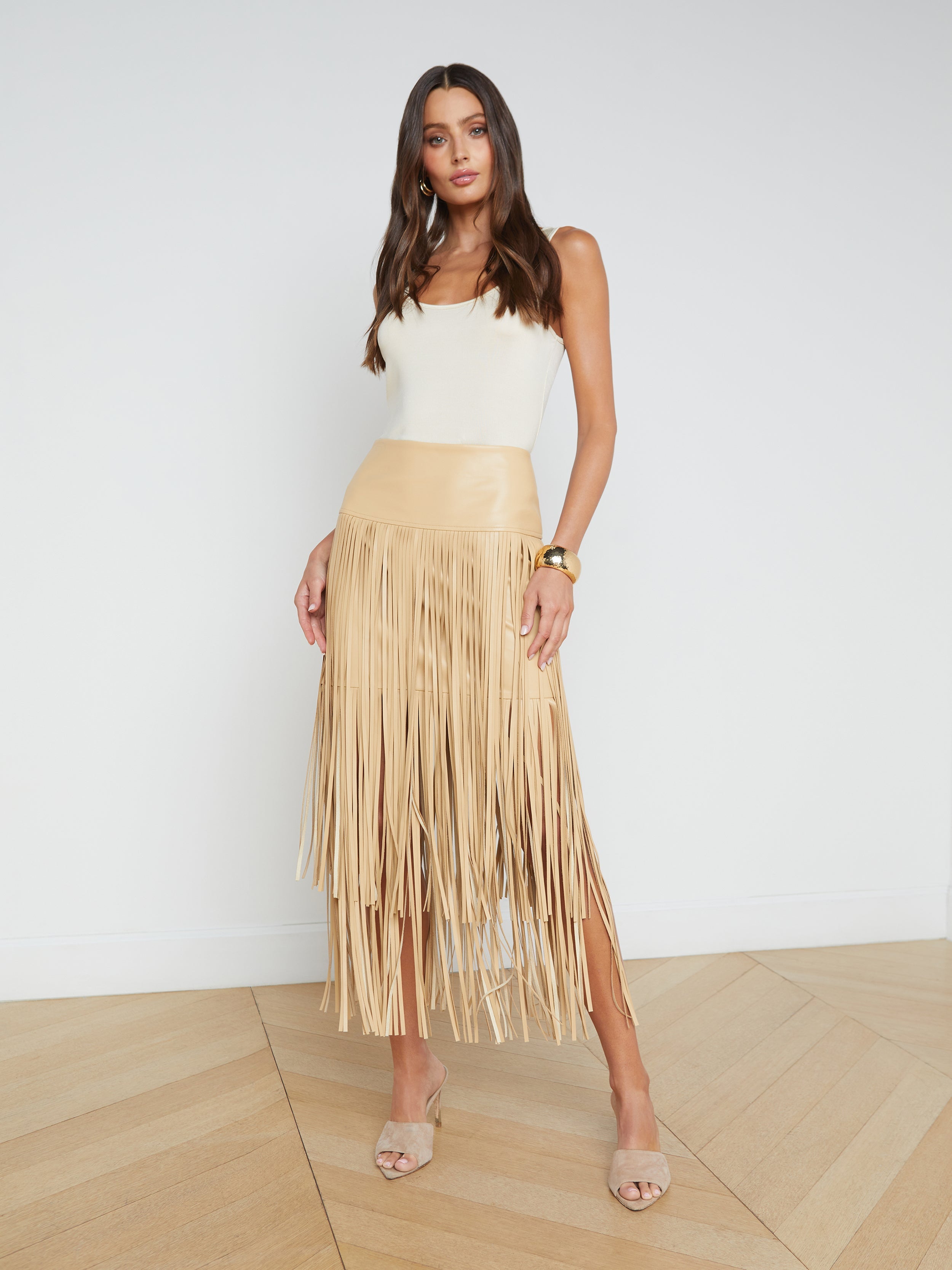 L'AGENCE Karolina Fringe Skirt In Croissant