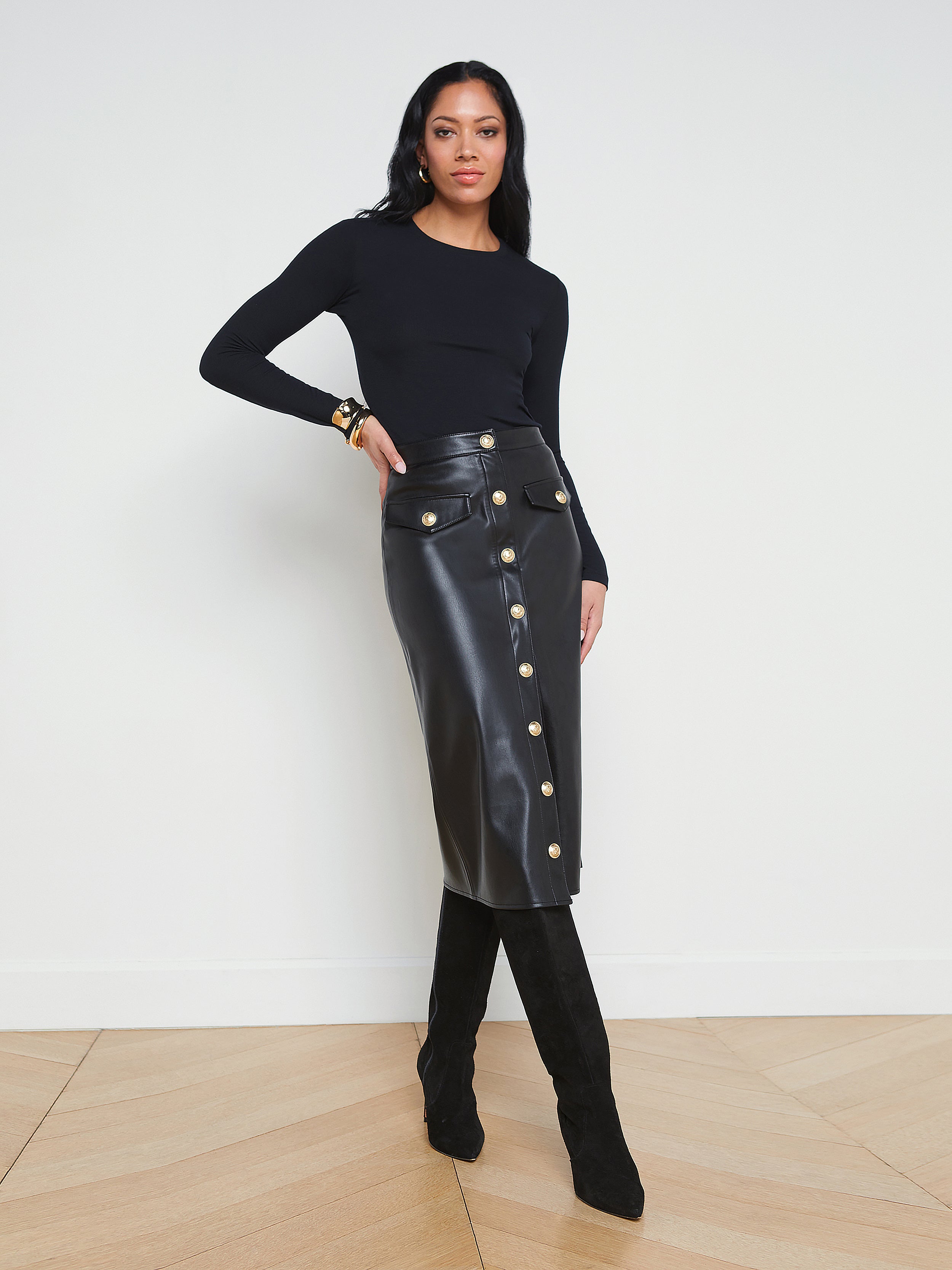 Milann Faux Leather Button Midi Skirt in Black - L'AGENCE