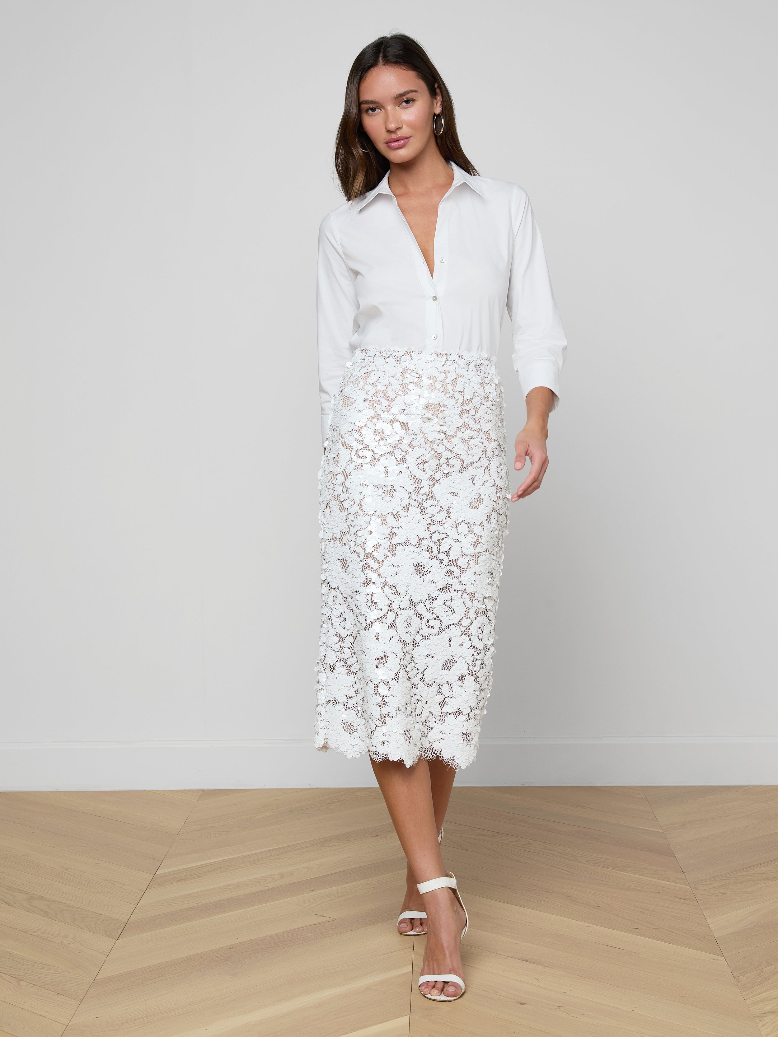 Makena Sequin Pencil Skirt in White | L'AGENCE