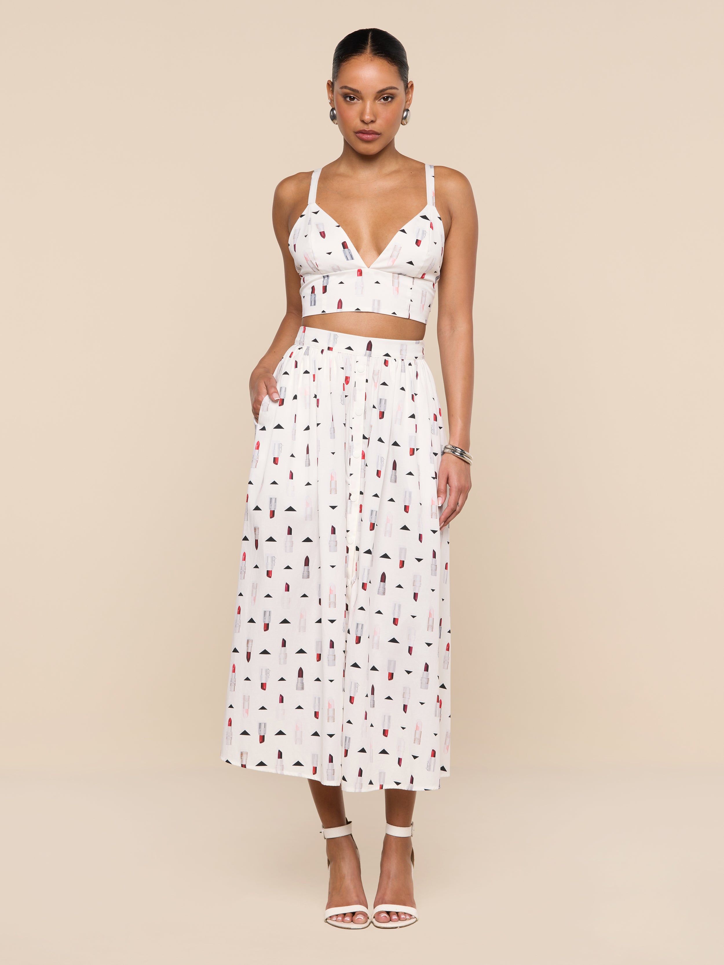 Seina Poplin Midi Skirt in Ivory Multi Lipstick Geo | L'AGENCE