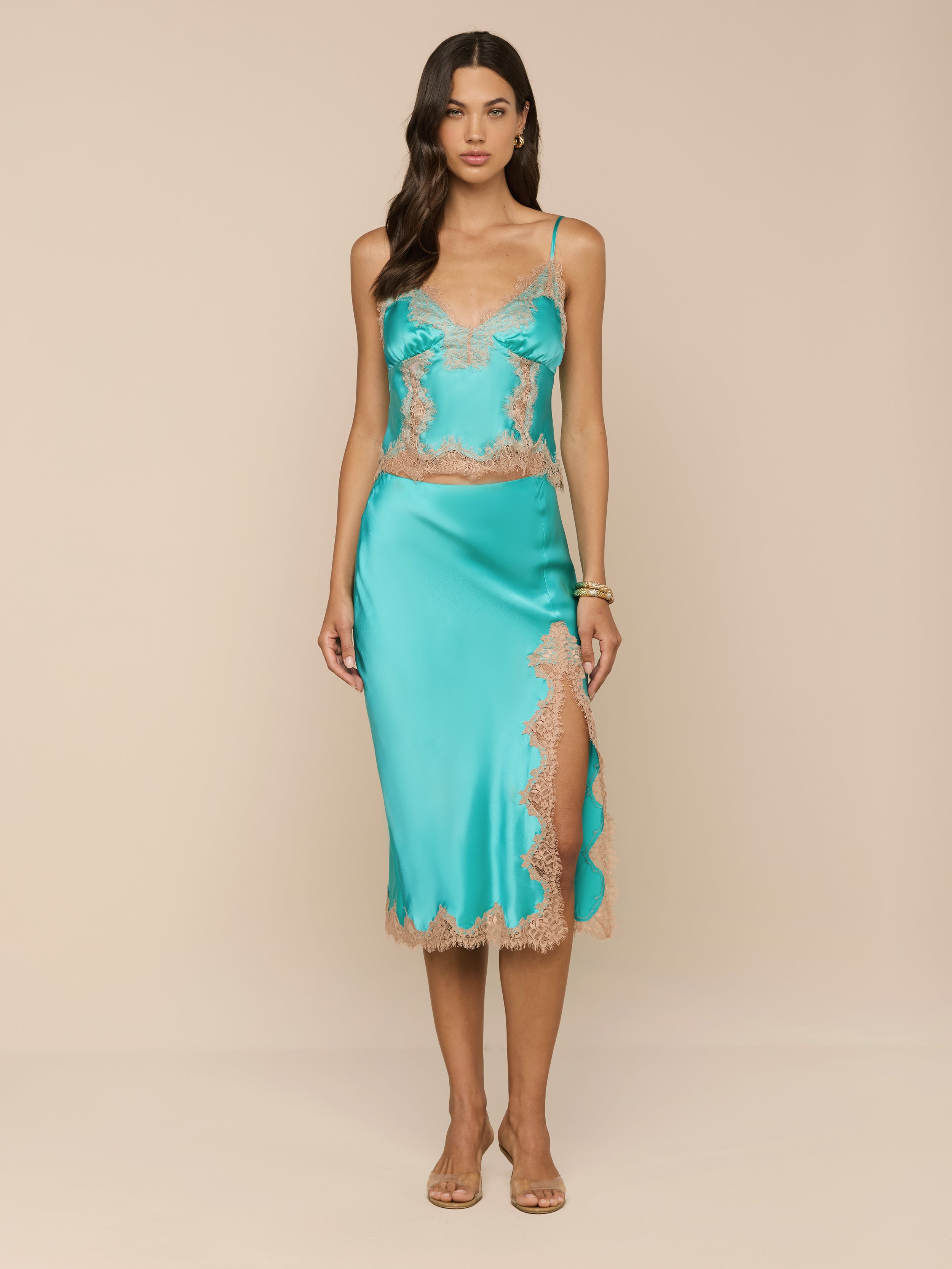Tico Silk Lace Skirt in Cyan/Cappuccino | L'AGENCE