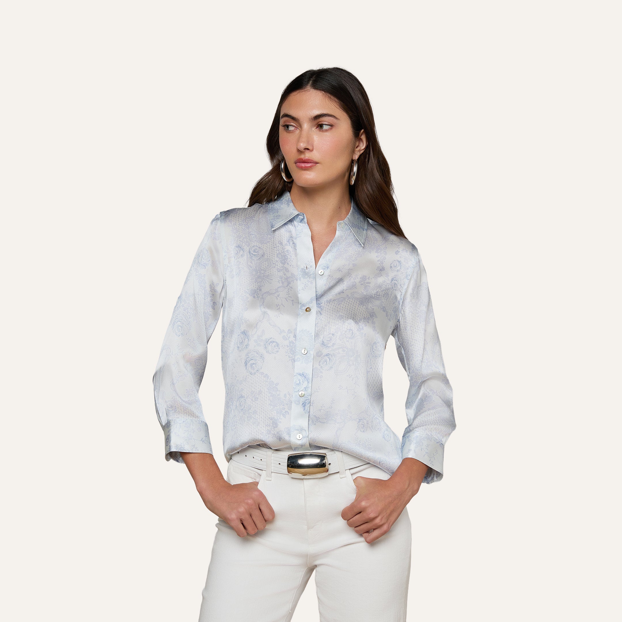 Dani Silk Blouse in Ivory/Pale Mist Blue Lace Print | L'AGENCE