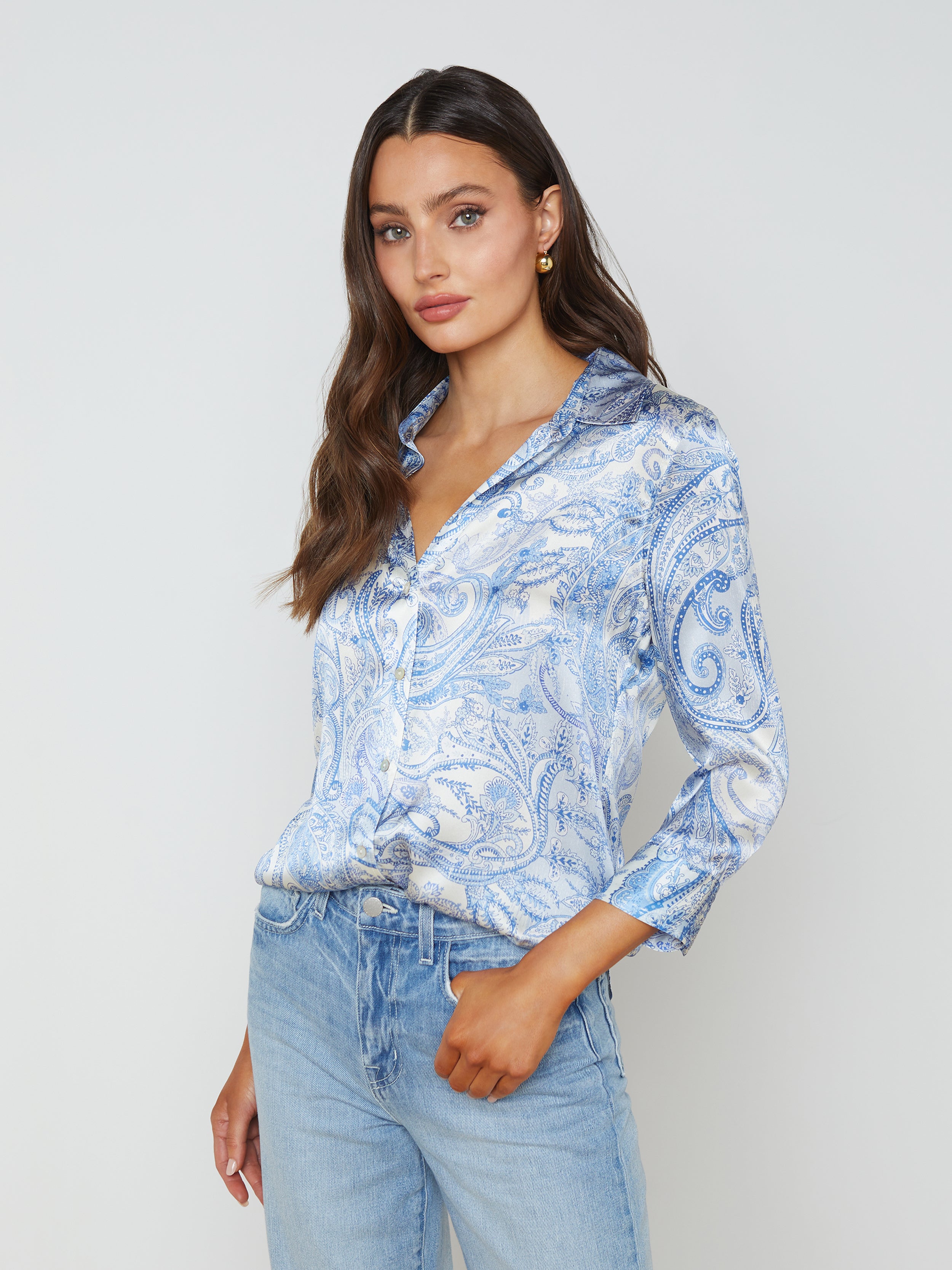 L'AGENCE - Dani 3/4 Sleeve Silk Blouse in Ivory/Blue Decorated Paisley