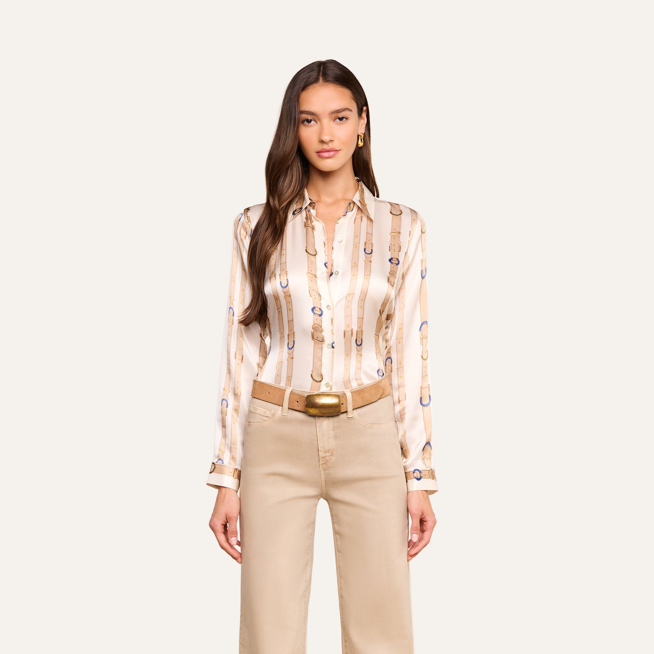 Tyler Silk Blouse in Ecru Multi Stud Belt Stripe | L