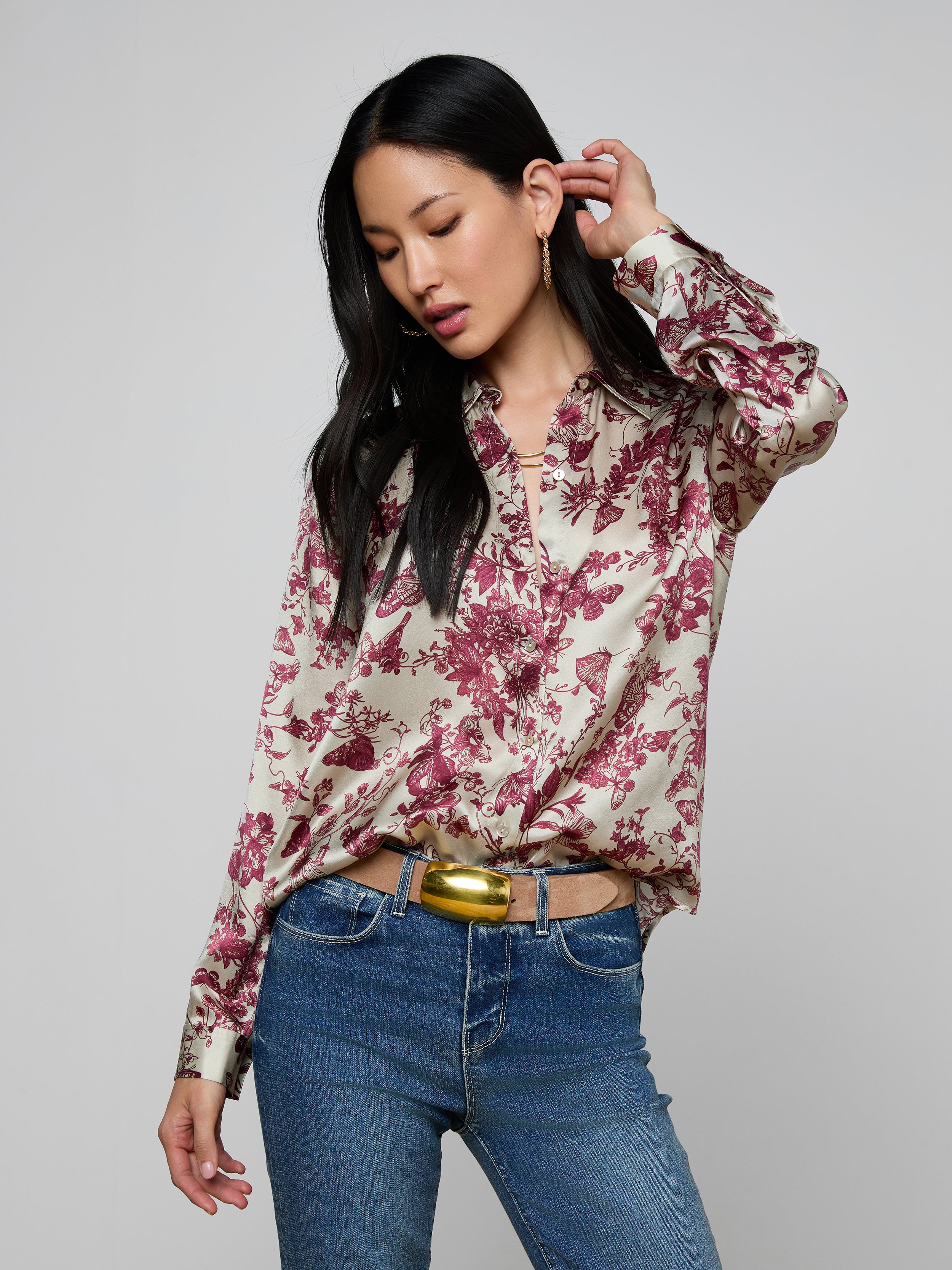 rosy monster / butterfly blouse タグ付 Tyler Silk Blouse in Tan/Truffle Butterfly Toile | L'AGENCE