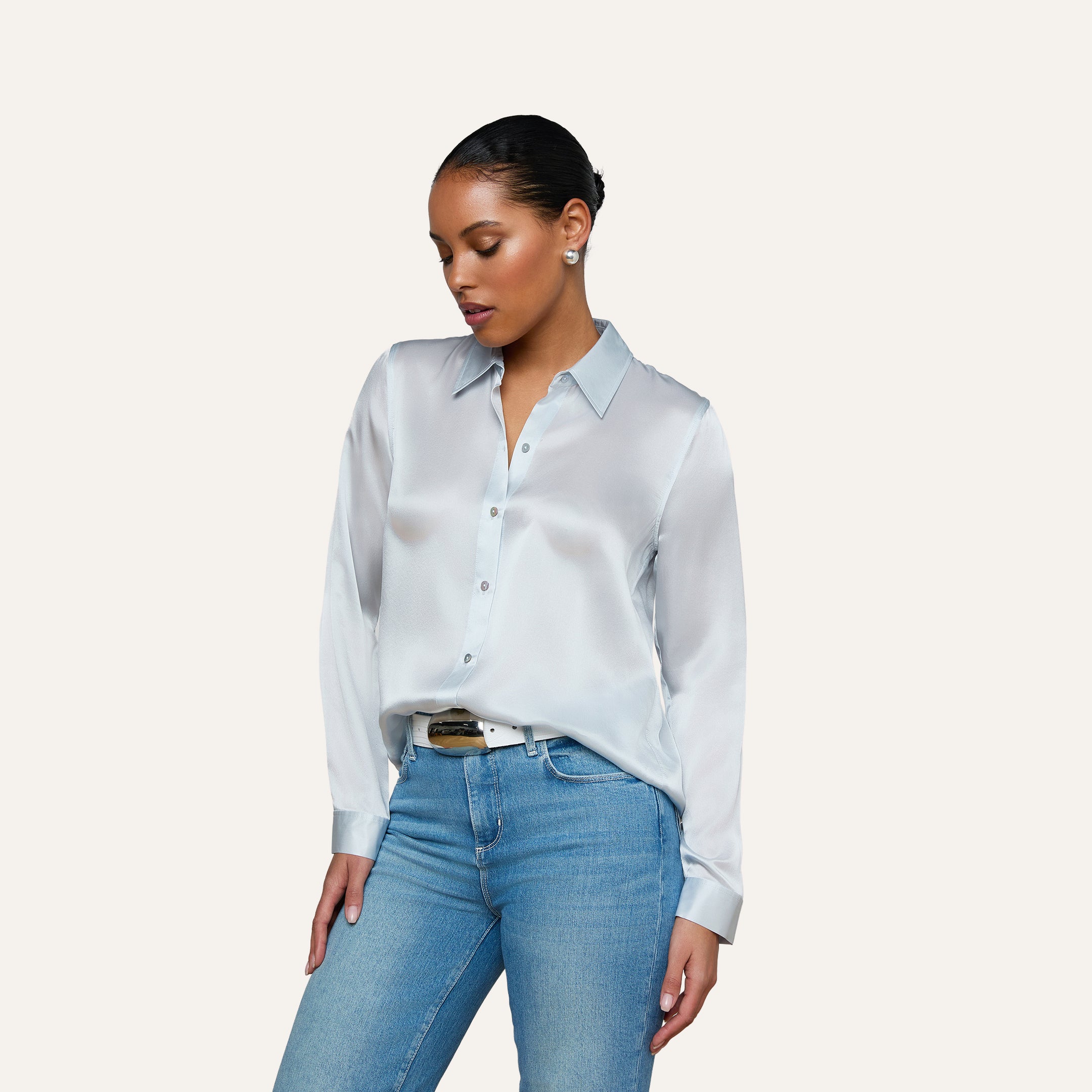Tyler Silk Blouse in Pale Mist Blue | L'AGENCE