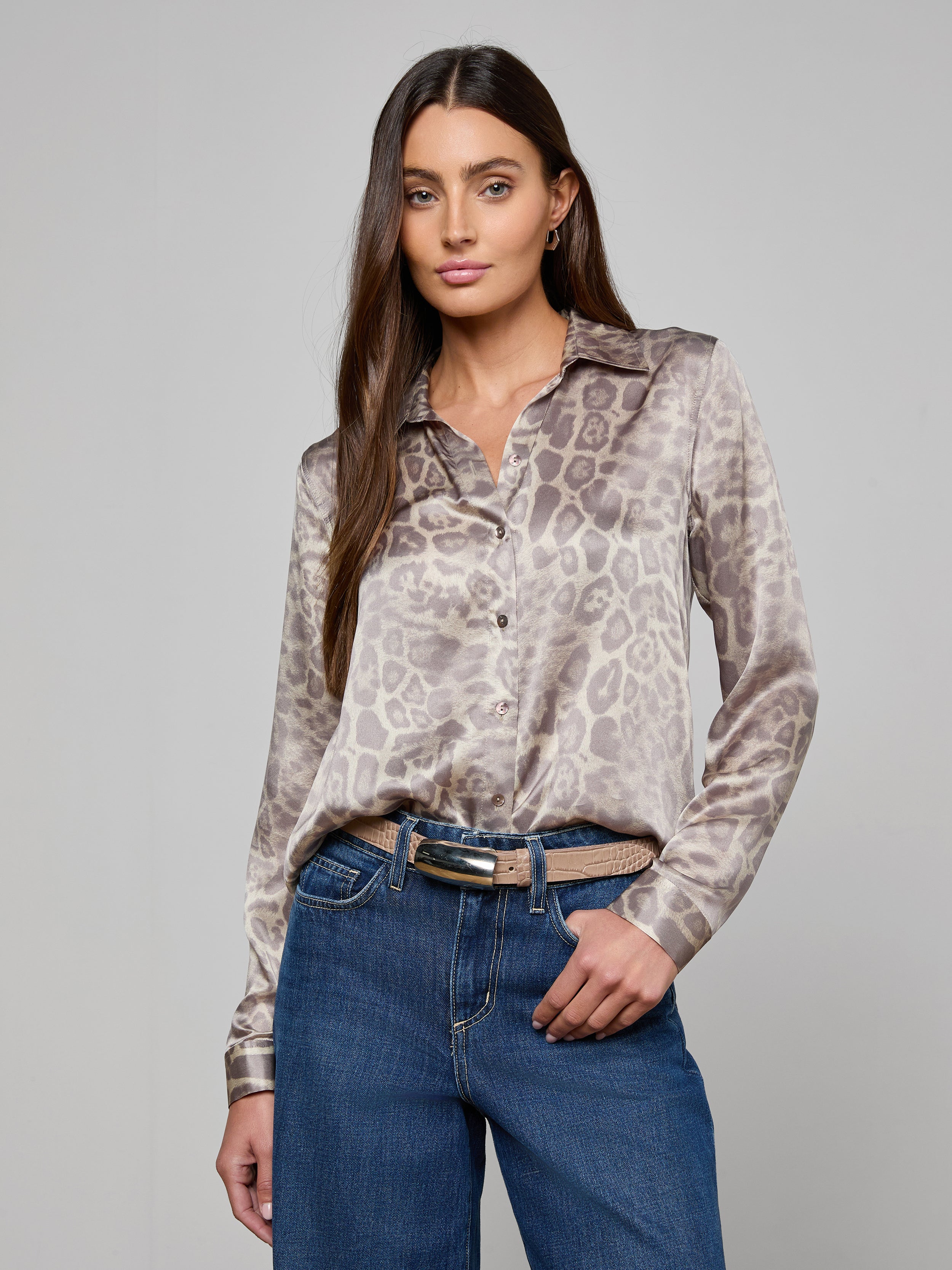 Tyler Silk Blouse in Grey Multi Patch Leopard | L'AGENCE