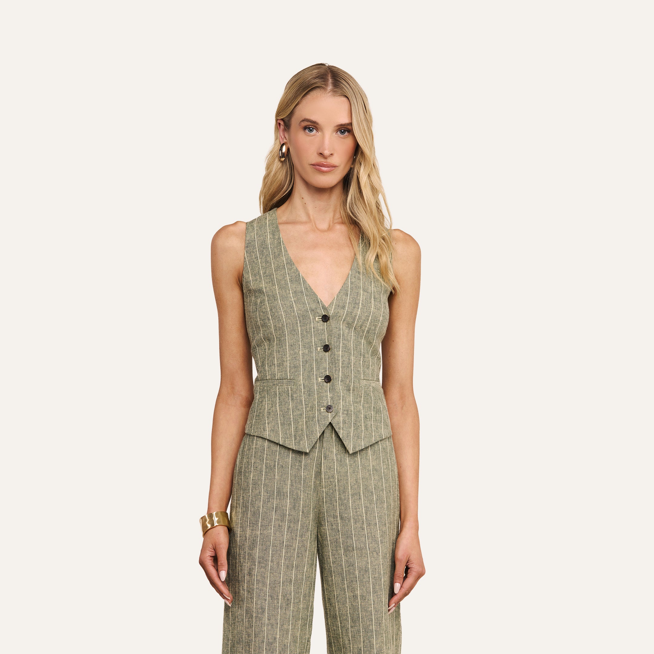 Drina Linen-Blend Vest in Olive Green Pinstripe | L'AGENCE