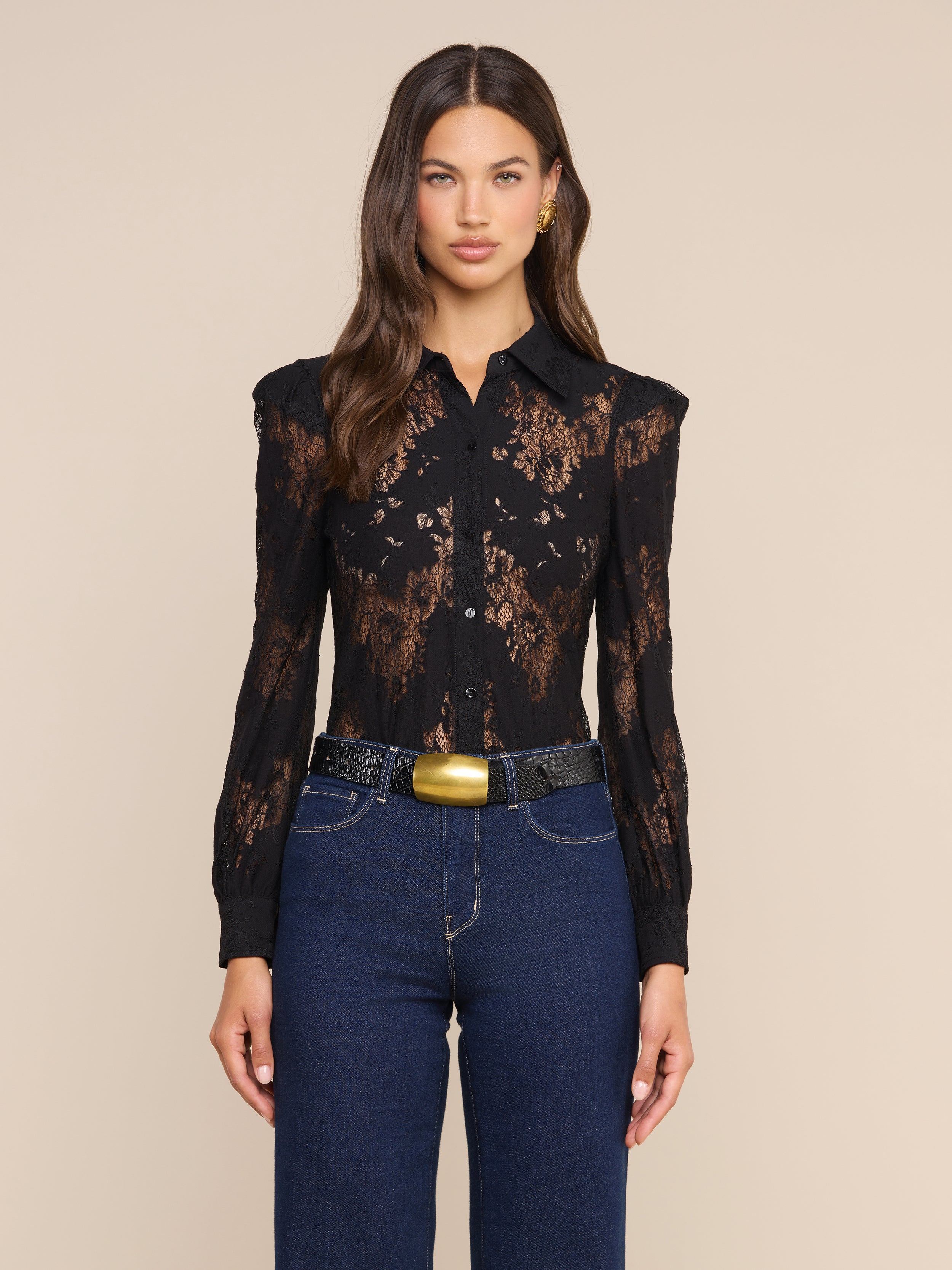black lace dress shirt EVEREVE Women's Bella Lace Trim Shirt, Size Small, Black, Cotton