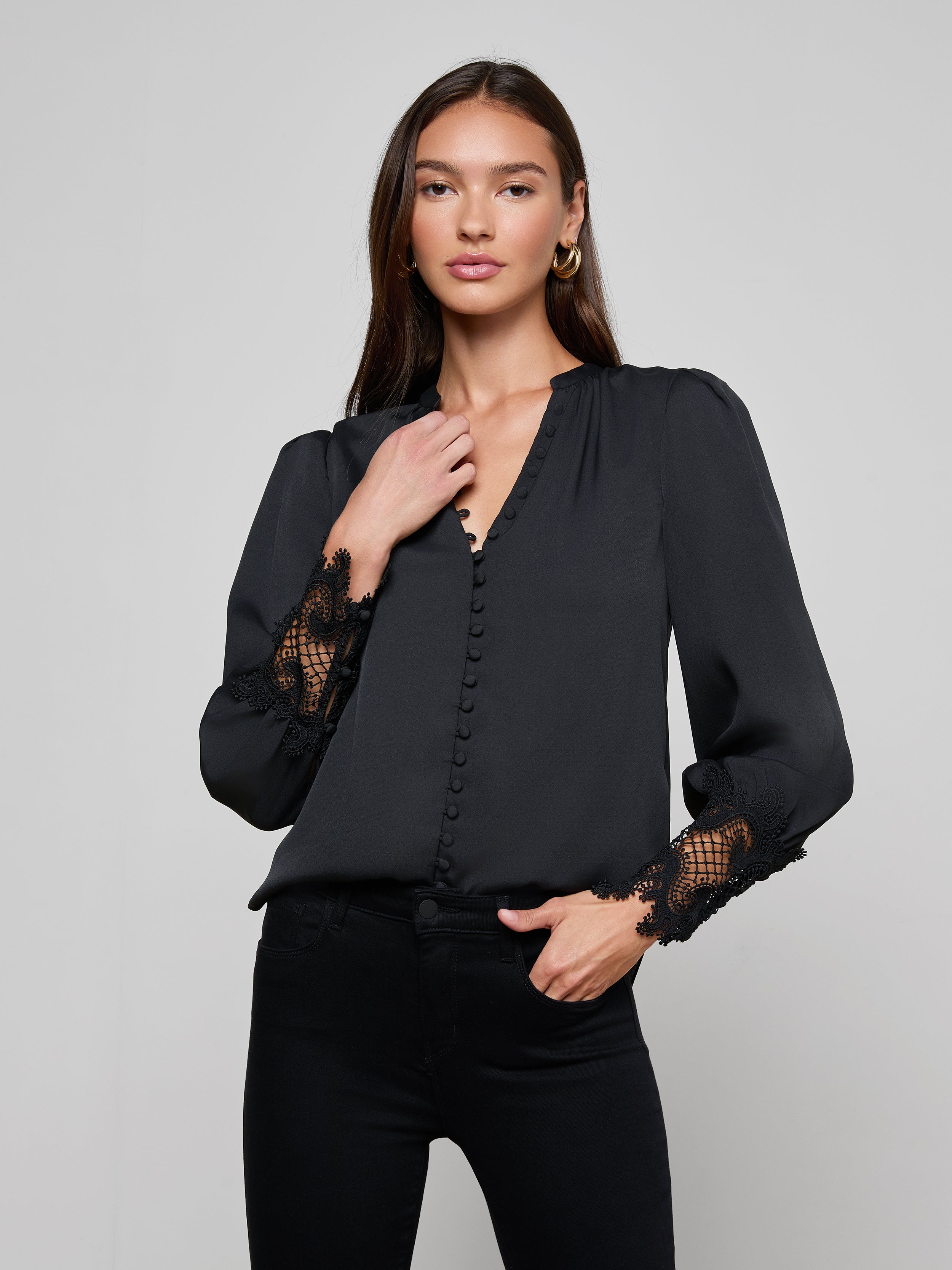 Ava Lace Cuff Blouse in Black L'AGENCE