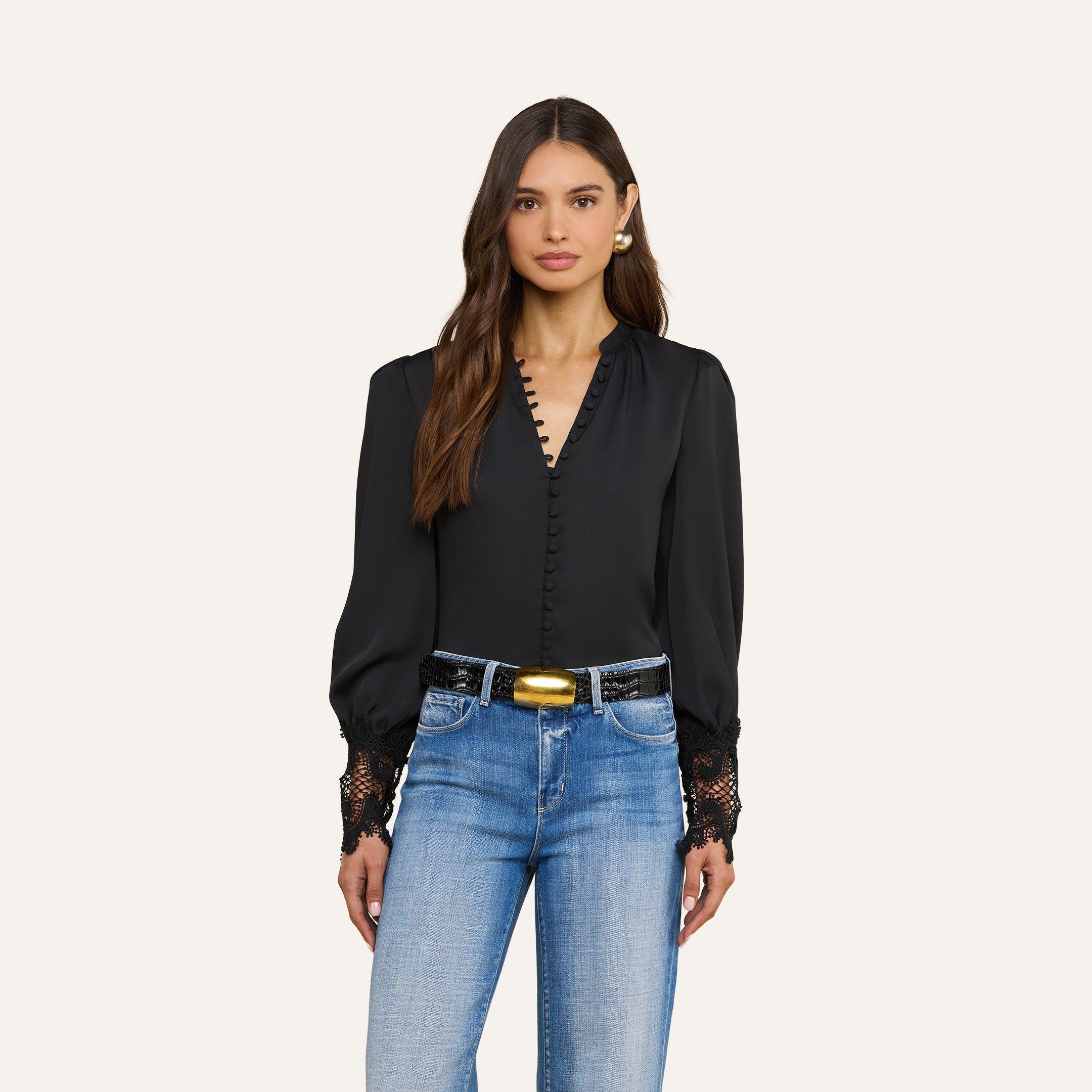 Ava Lace Cuff Blouse in Black | L'AGENCE