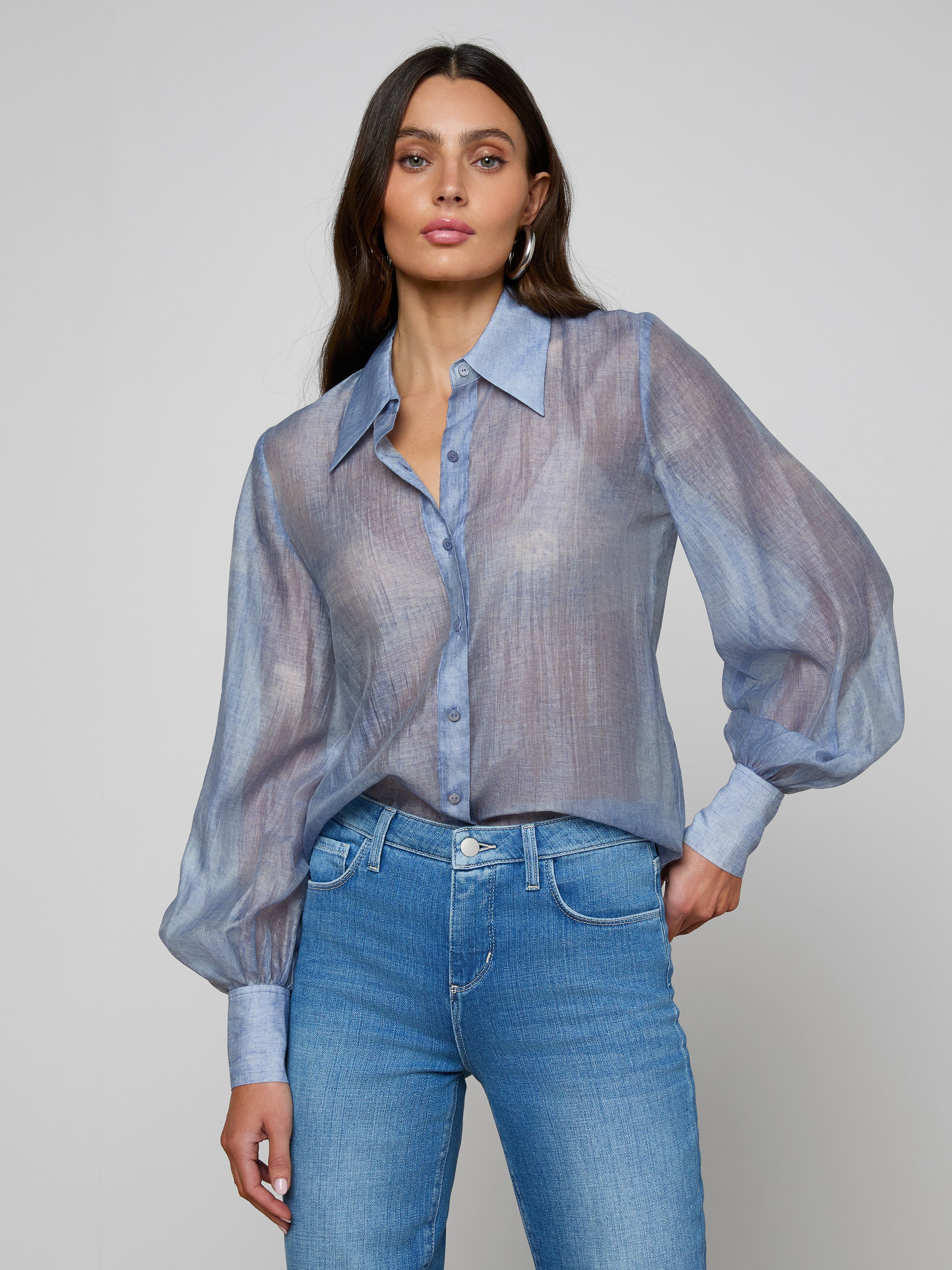 L'AGENCE Jayleen Button Down Blouse in Blue